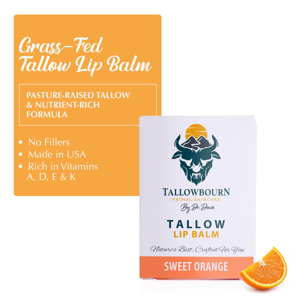 Tallowbourn Moisturizing Tallow Lip Balm – Grass-Fed Beef Tallow, Coconut Oil, Beeswax, Vitamin E – Sweet Orange – 3-Pack