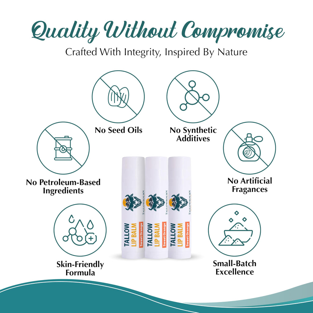 Tallowbourn Moisturizing Tallow Lip Balm – Grass-Fed Beef Tallow, Coconut Oil, Beeswax, Vitamin E – Sweet Orange – 3-Pack