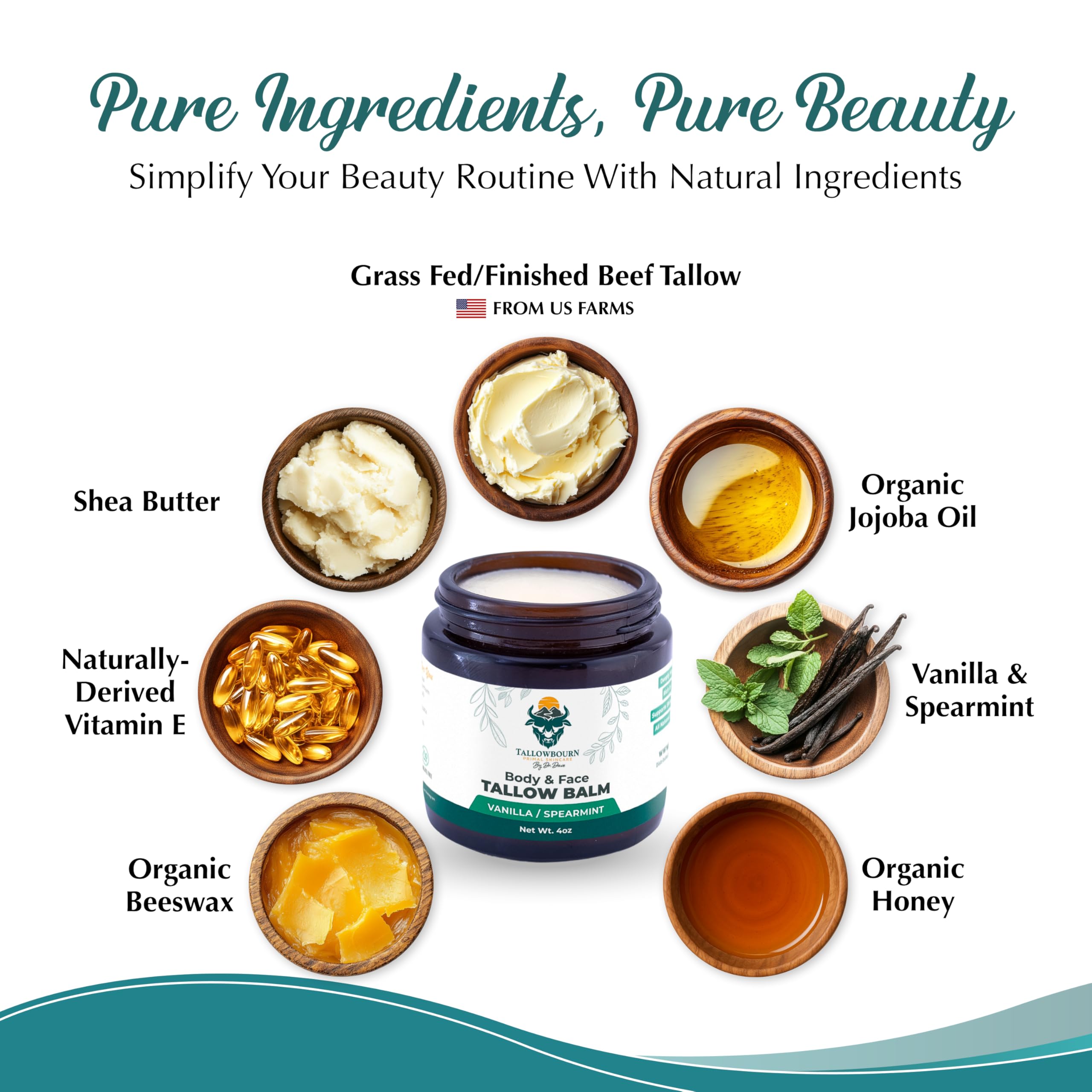 Tallowbourn Grass-Fed Beef Tallow Balm | Vanilla & Spearmint, Face & Body, 4 oz
