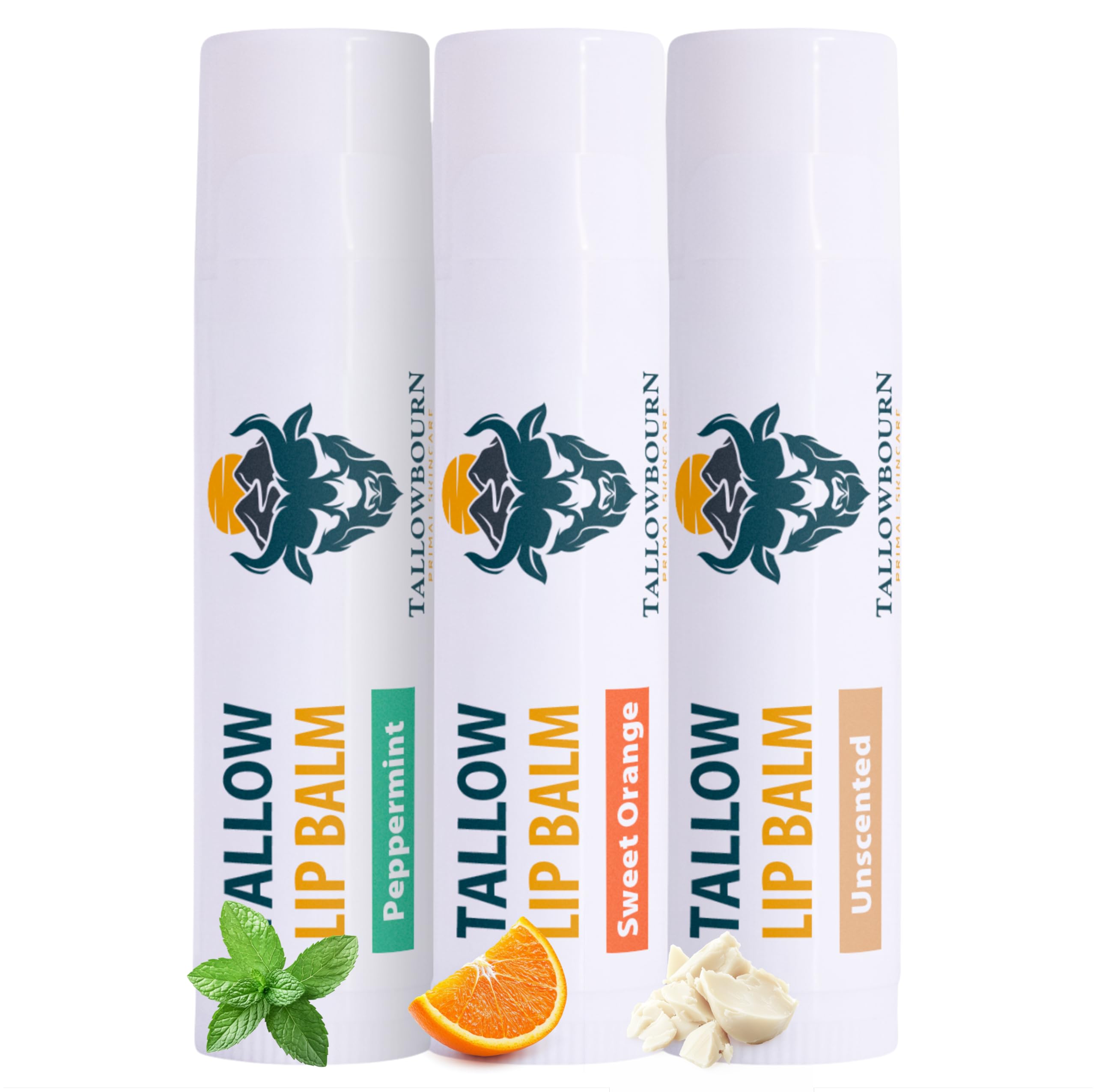 Tallowbourn Moisturizing Tallow Lip Balm 3-Pack – Grass-Fed Tallow + Organic Coconut Oil