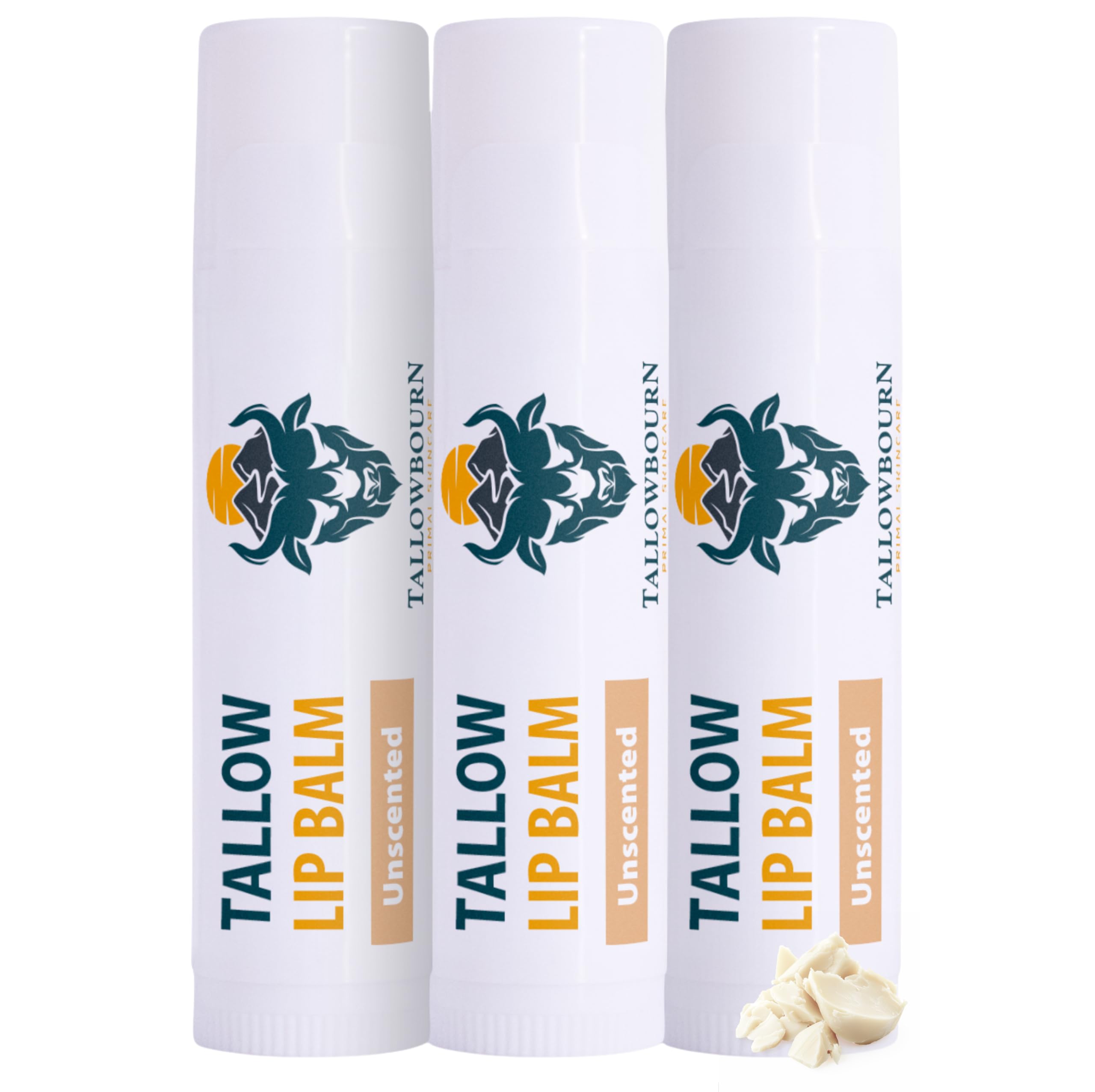 Tallowbourn Moisturizing Tallow Lip Balm – Grass-Fed Tallow, Coconut Oil, Vitamin E – Unscented 3-Pack