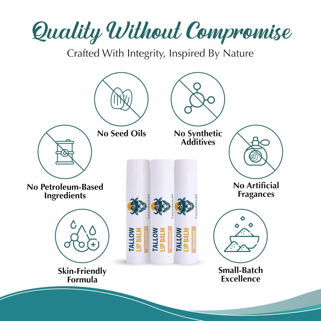 Tallowbourn Moisturizing Tallow Lip Balm – Grass-Fed Tallow, Coconut Oil, Vitamin E – Unscented 3-Pack
