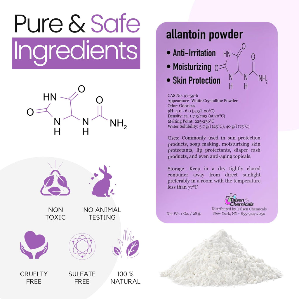 Allantoin Powder 2 Oz Cosmetic Grade – Hydration & Gentle Exfoliation | Talsen Chemicals (2-Pack)