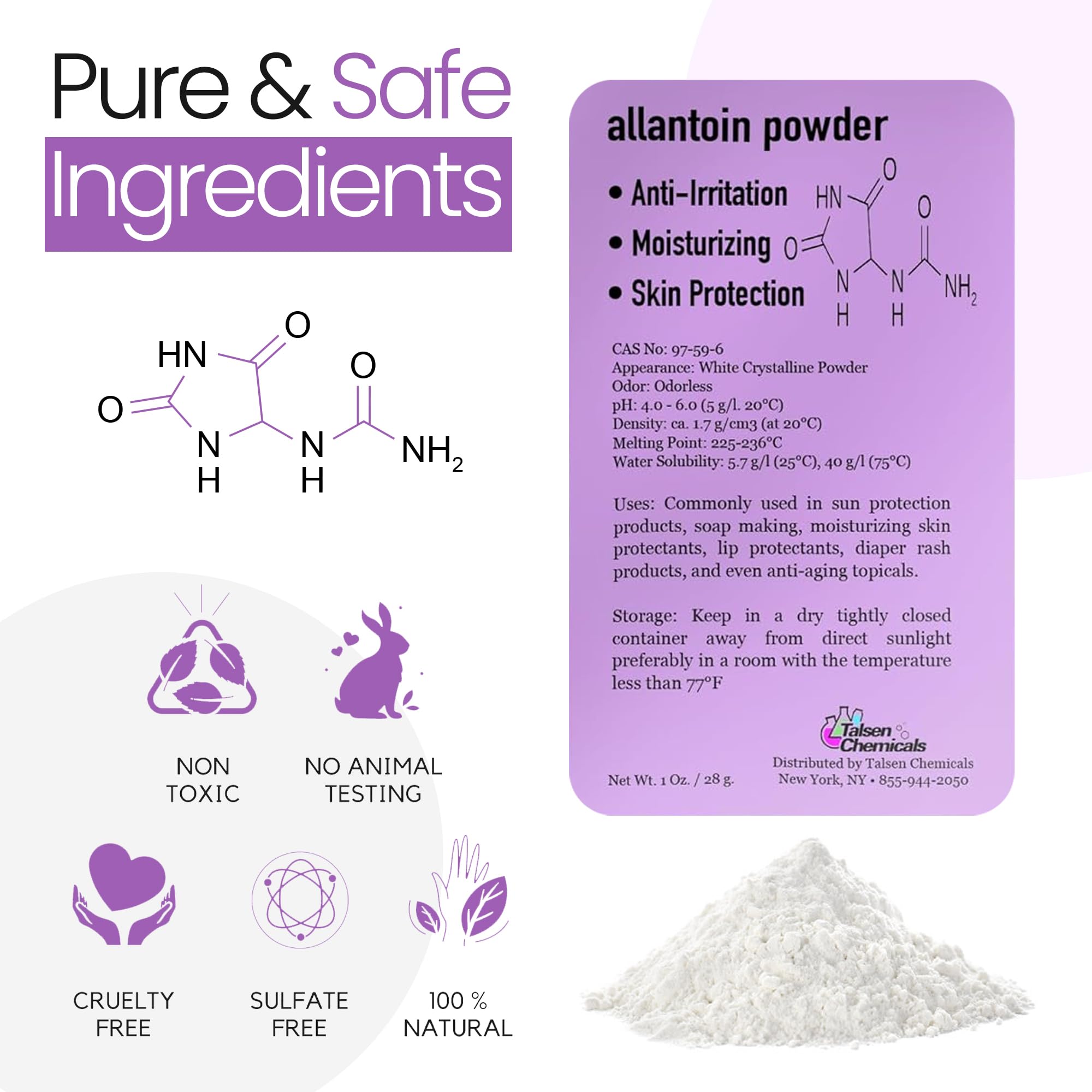 Allantoin Powder 2 Oz Cosmetic Grade – Hydration & Gentle Exfoliation | Talsen Chemicals (2-Pack)