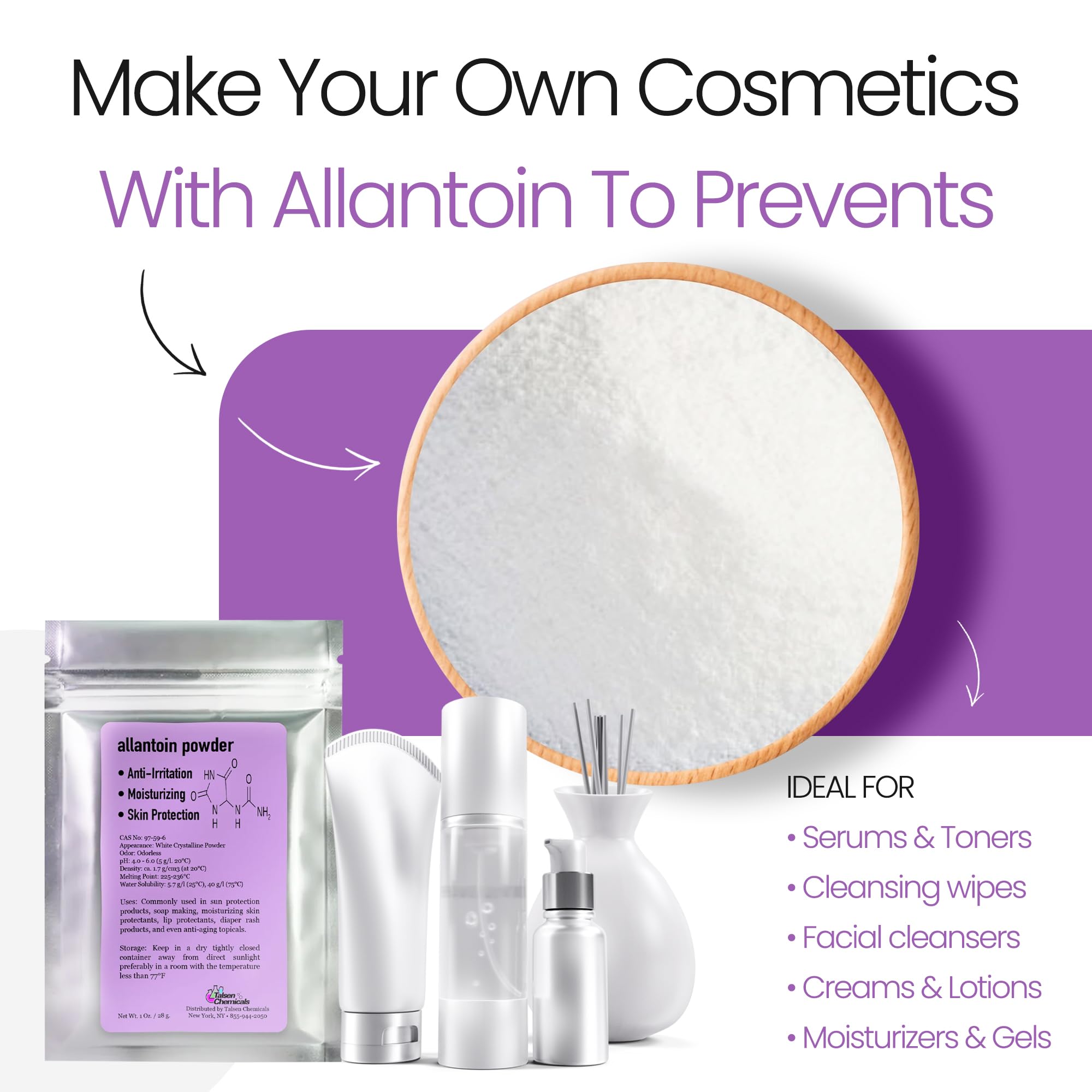 Allantoin Powder 2 Oz Cosmetic Grade – Hydration & Gentle Exfoliation | Talsen Chemicals (2-Pack)