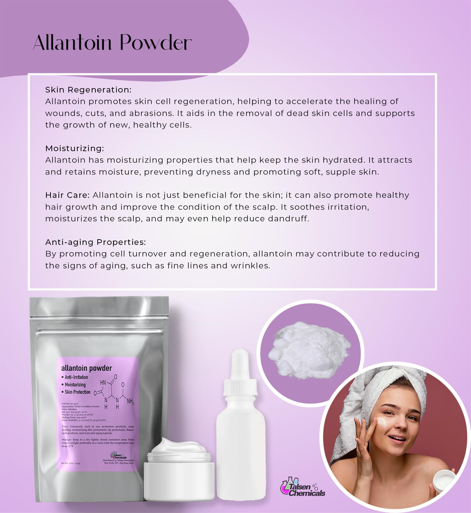 Allantoin Powder 2 Oz Cosmetic Grade – Hydration & Gentle Exfoliation | Talsen Chemicals (2-Pack)