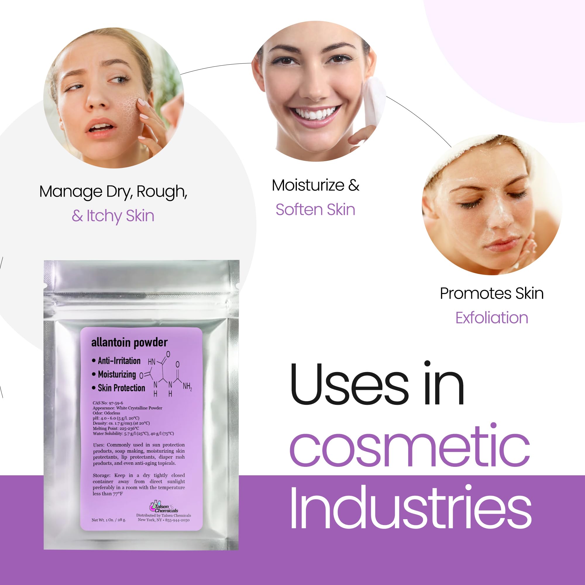 Allantoin Powder 2 Oz Cosmetic Grade – Hydration & Gentle Exfoliation | Talsen Chemicals (2-Pack)