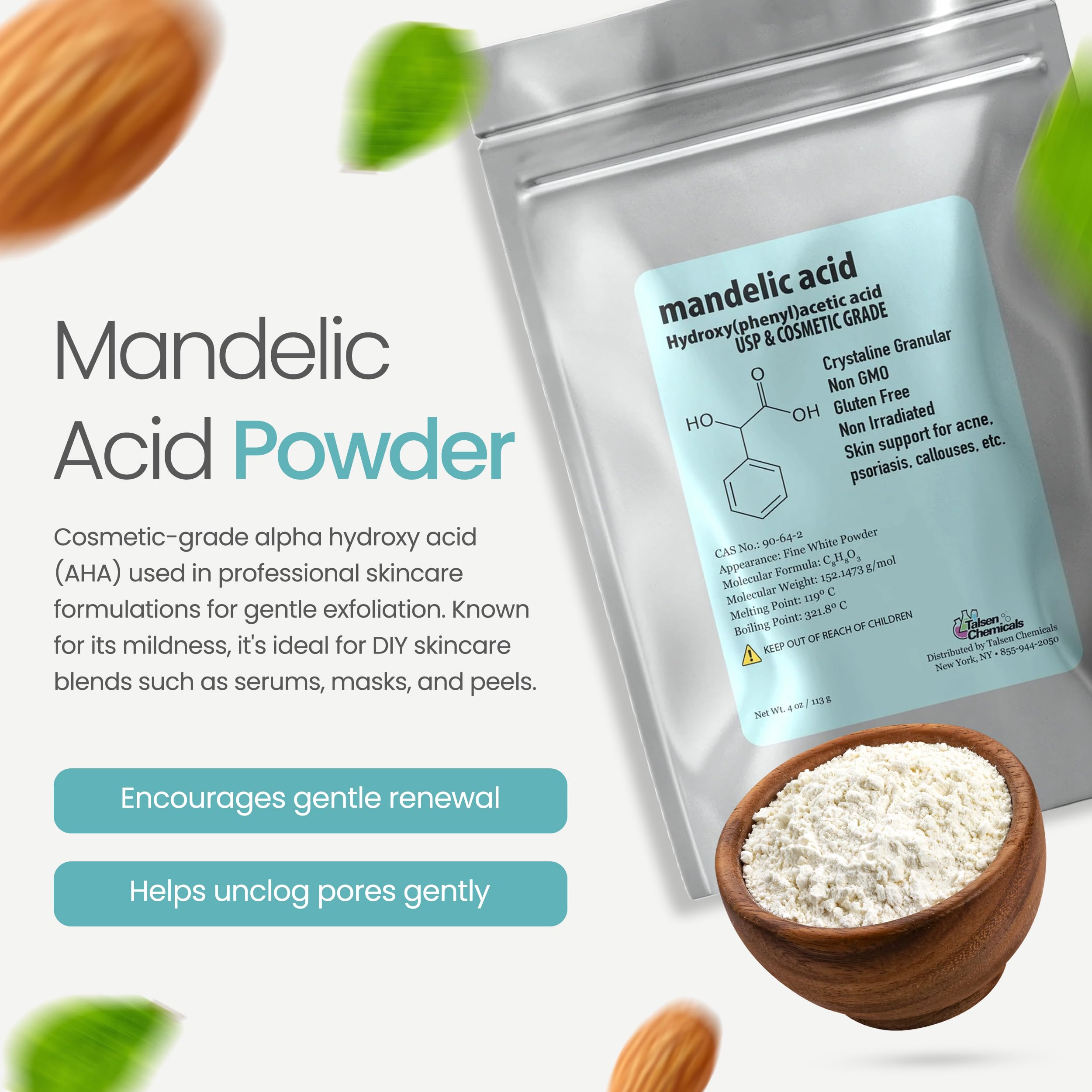 Talsen Chemicals Mandelic Acid Powder 99.9% Purity – DIY Serum, Peel, Mask or Cream 8 oz / 226 g