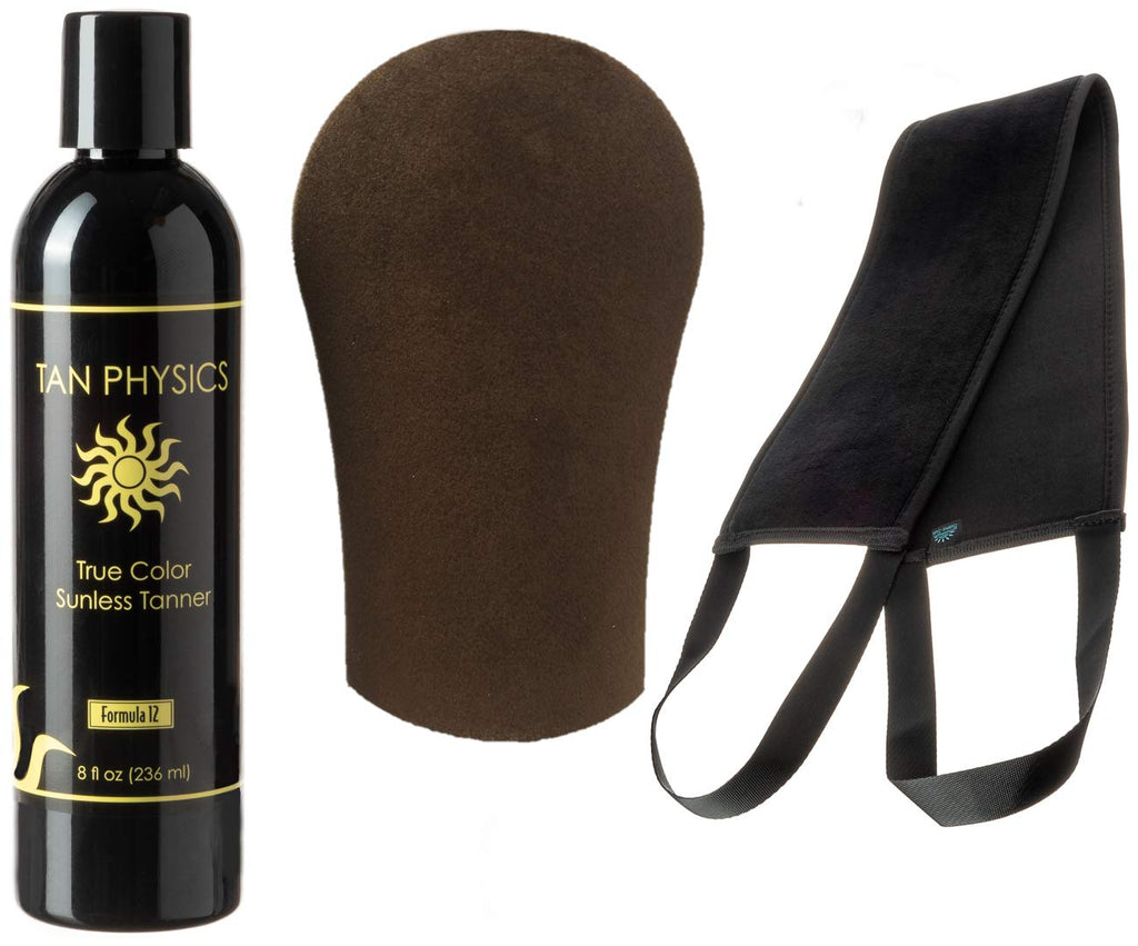 Tan Physics Sunless Tanner 8oz with Mitt & Back Applicator – Streak-Free Self Tanner for Face & Body