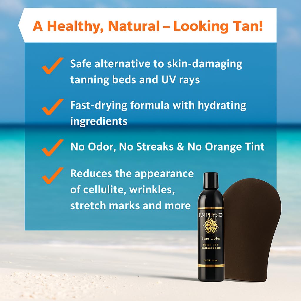 Tan Physics Sunless Tanner 8oz with Mitt & Back Applicator – Streak-Free Self Tanner for Face & Body