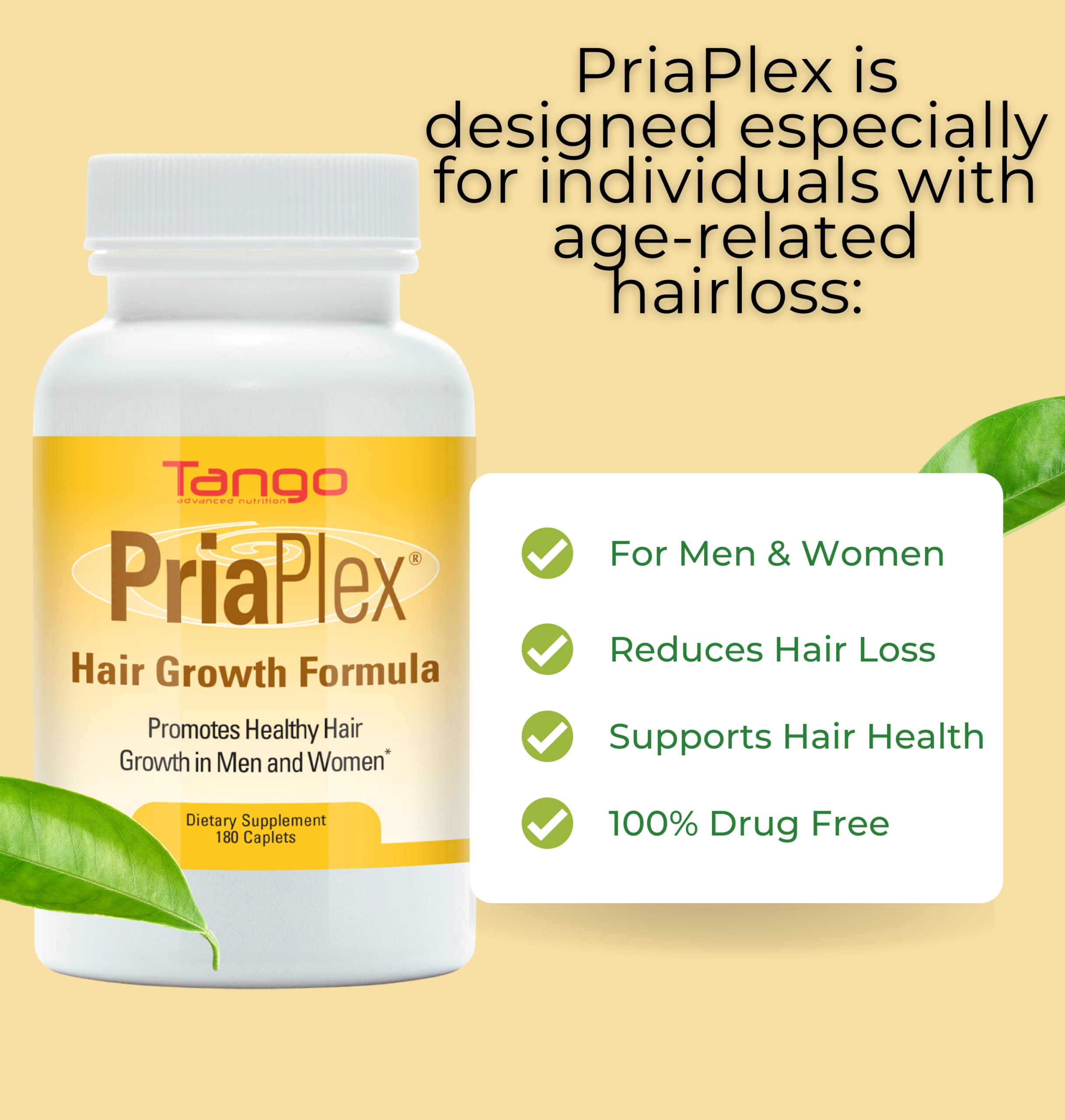 PriaPlex Natural Hair Growth Supplement by Tango — 180 Caplets for Hair Loss Support (Men & Women)