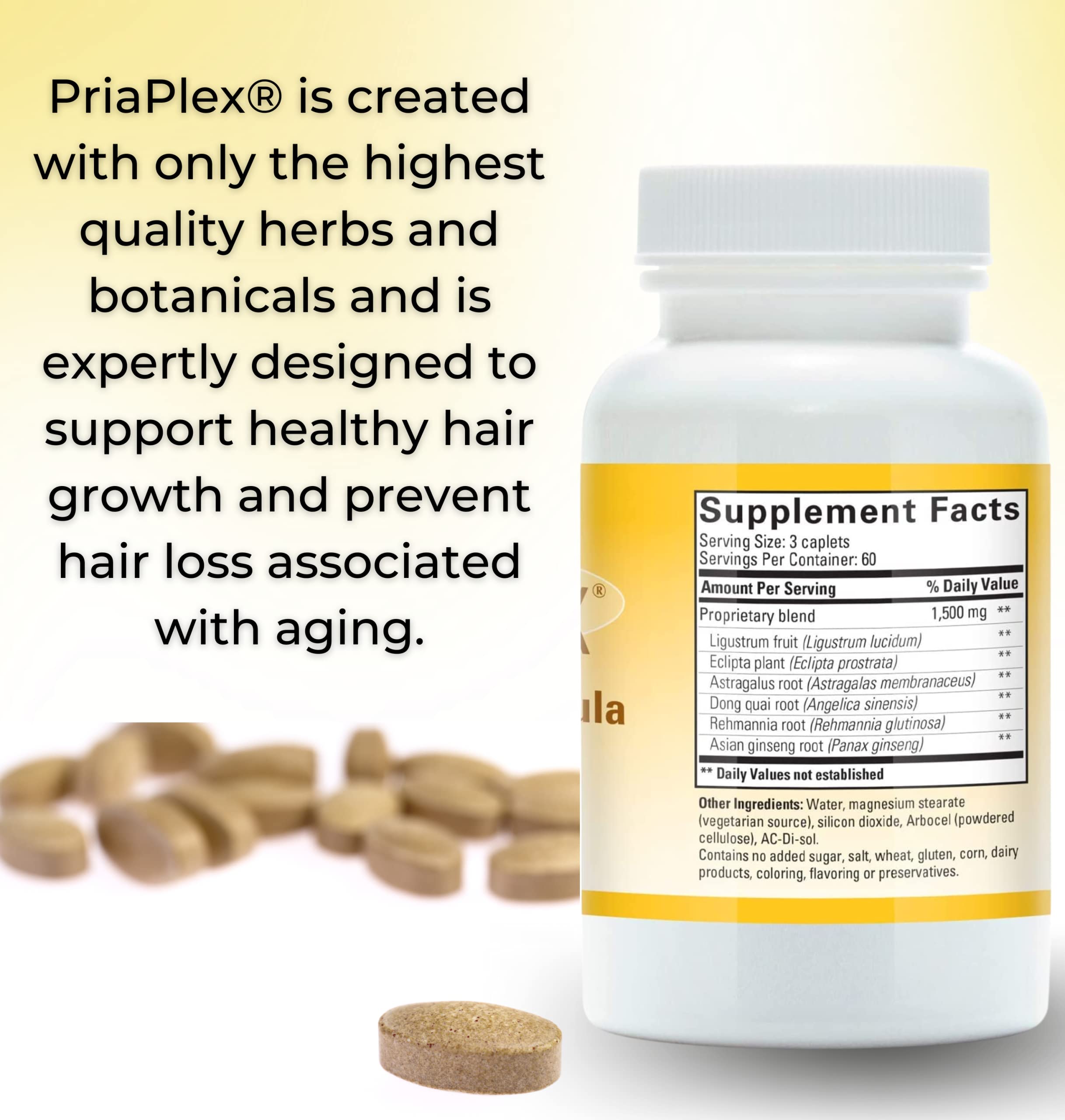 PriaPlex Natural Hair Growth Supplement by Tango — 180 Caplets for Hair Loss Support (Men & Women)
