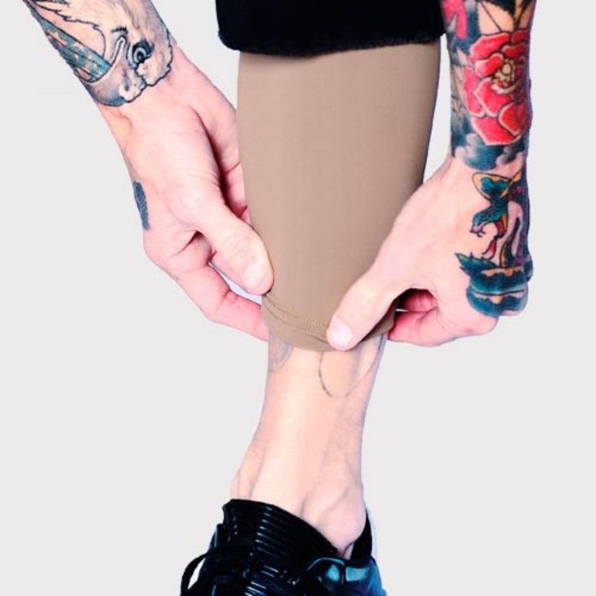 Tat2X Ink Armor Premium Calf Tattoo Cover Up Sleeve – No Slip Gripper, USA Made, Suntan