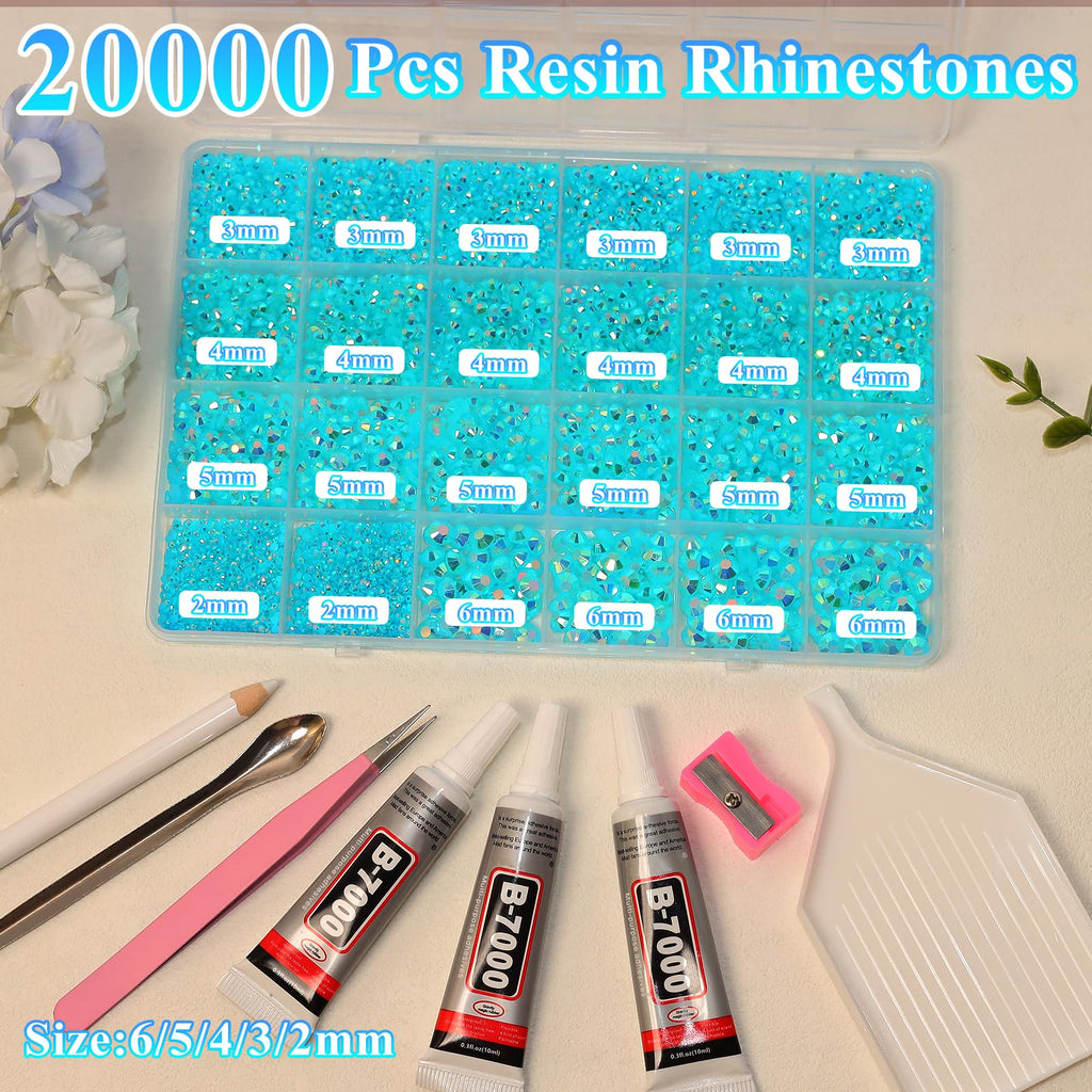 Tatiwoo 20,000 Pcs Blue AB Flatback Jelly Rhinestones Kit – Complete Bedazzling Set for Crafting