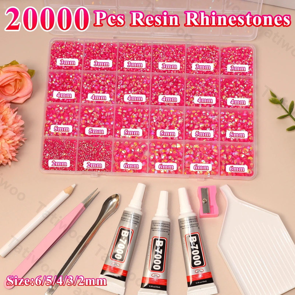 Tatiwoo 20,000 Pcs Dark Pink Flatback Jelly Rhinestones Kit – Mixed Sizes for DIY Crafts
