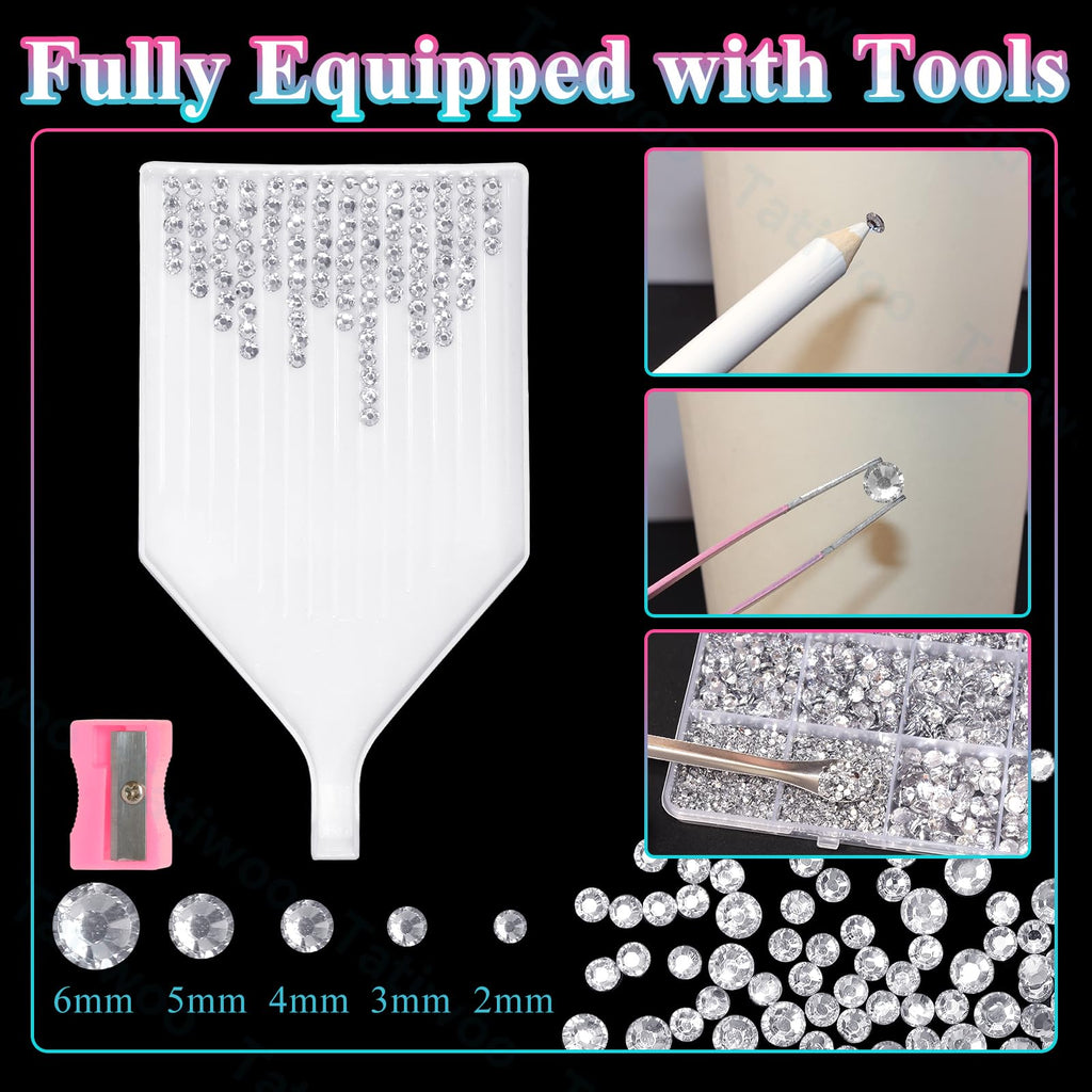 Tatiwoo 20000Pcs Silver White Crystal Flatback Rhinestones Kit – Mix Sizes for Crafting & DIY