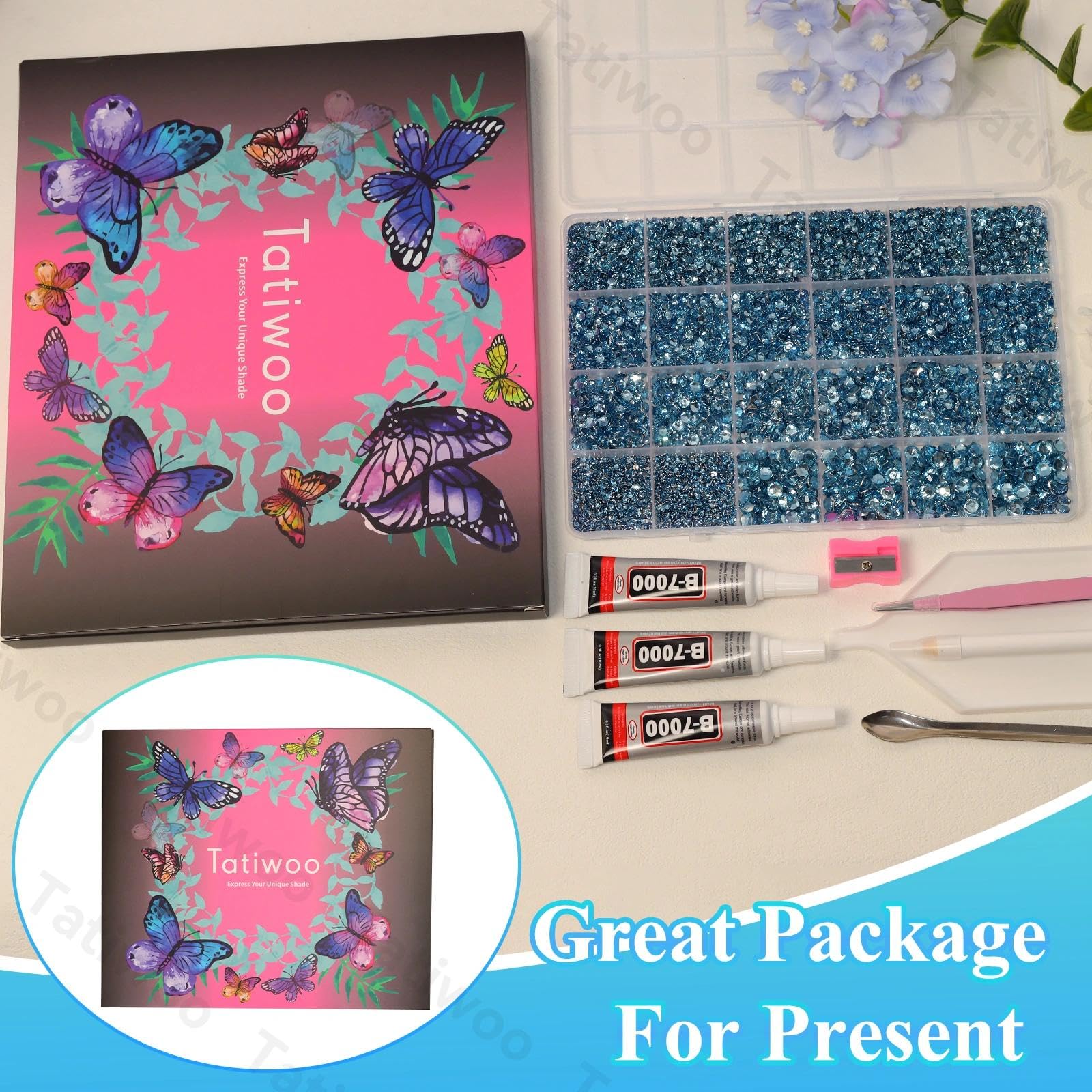 Tatiwoo 20000Pcs Light Blue Flatback Rhinestones Kit – Mixed Sizes for Crafting & DIY