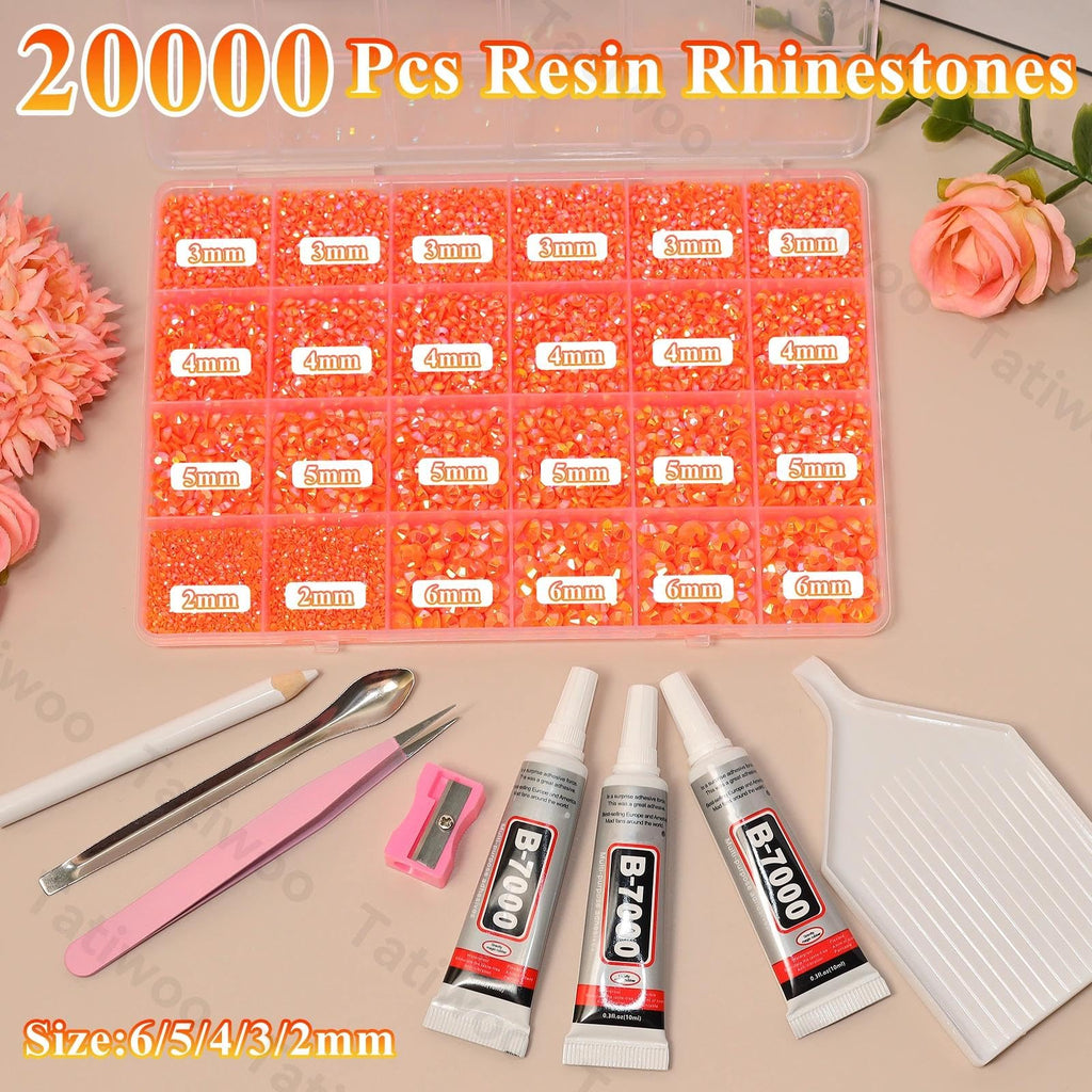 Tatiwoo 20000Pcs Orange Flatback Jelly Rhinestones – Mixed Sizes 2–6mm for DIY Crafts