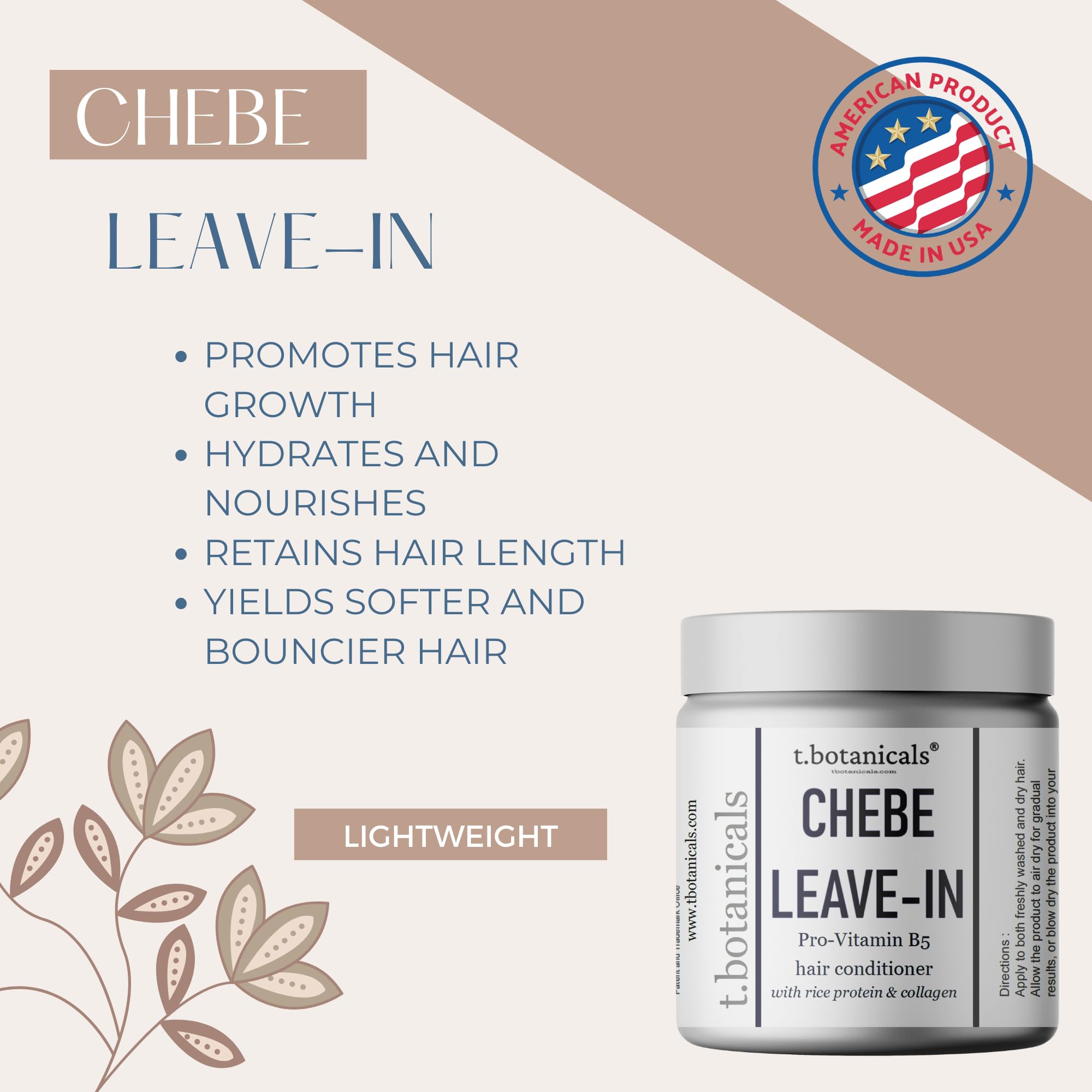 t.botanicals Chebe Leave-In Conditioner for Hair Growth – Provitamin B5, Silk Amino Acids, Collagen, Unscented, 8 oz