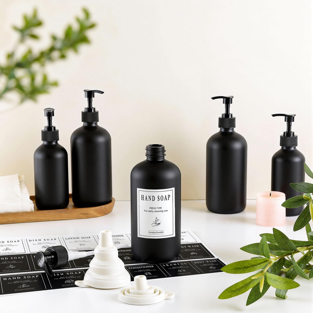TBWIND 12-Pack 16oz Black Glass Soap Dispenser Bottles with Pumps – Refillable, Leak-Proof & Durable
