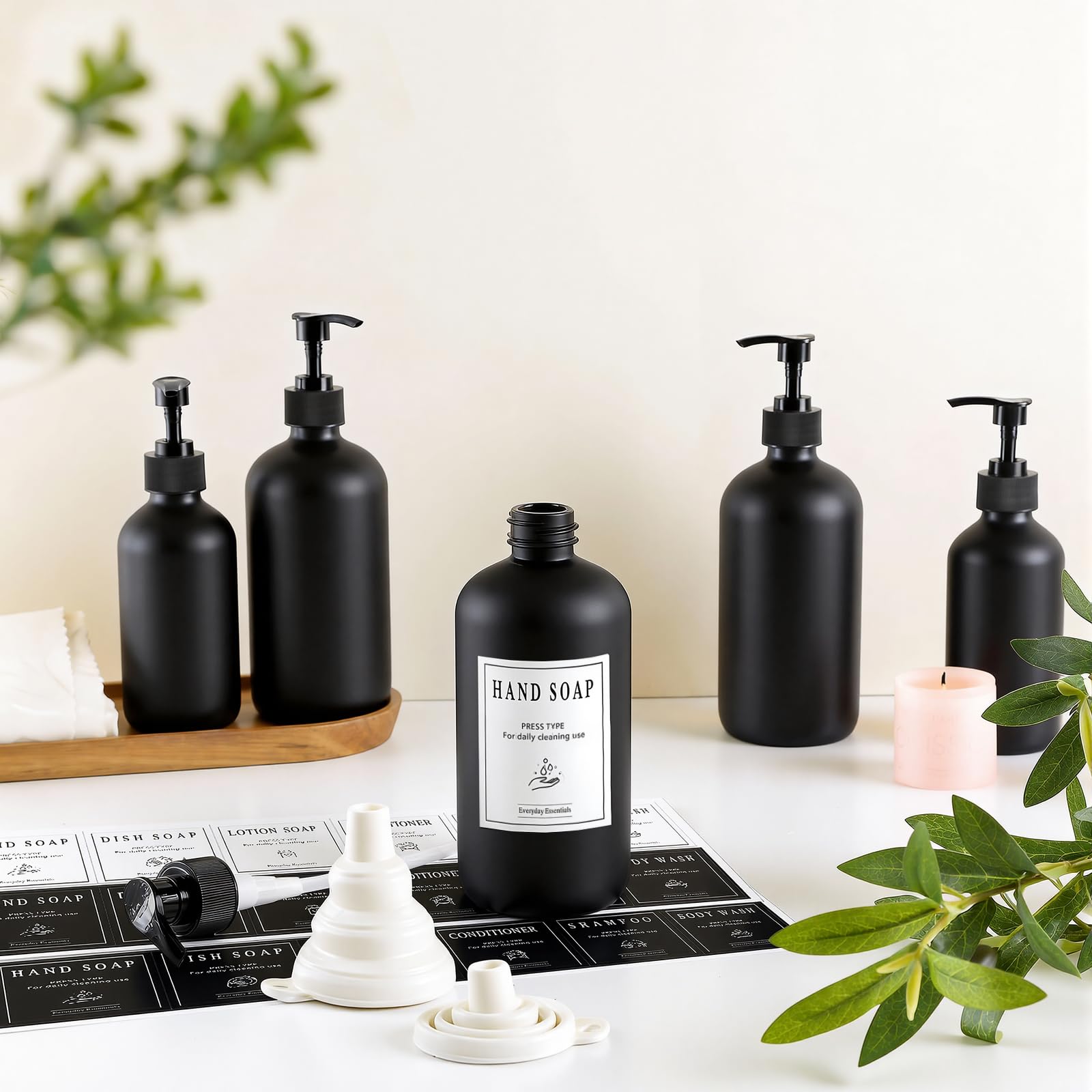 TBWIND 12-Pack 16oz Black Glass Soap Dispenser Bottles with Pumps – Refillable, Leak-Proof & Durable