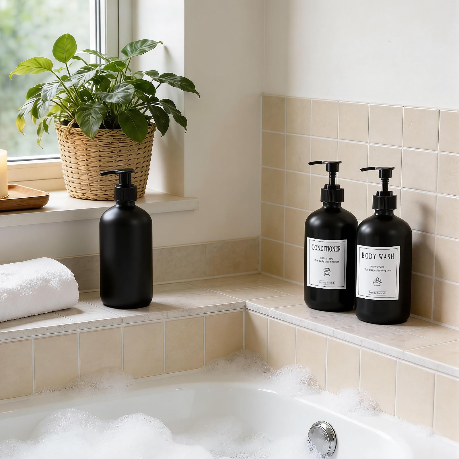 TBWIND 12-Pack 16oz Black Glass Soap Dispenser Bottles with Pumps – Refillable, Leak-Proof & Durable