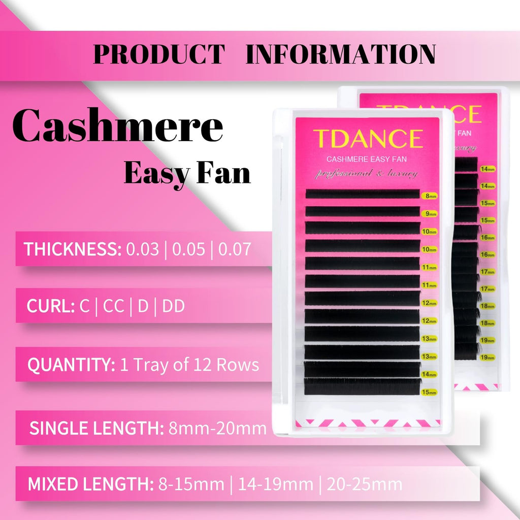 TDANCE Cashmere Easy Fan Lashes – Self-Fanning Matte Black, 0.07mm CC, 14mm Mega Volume