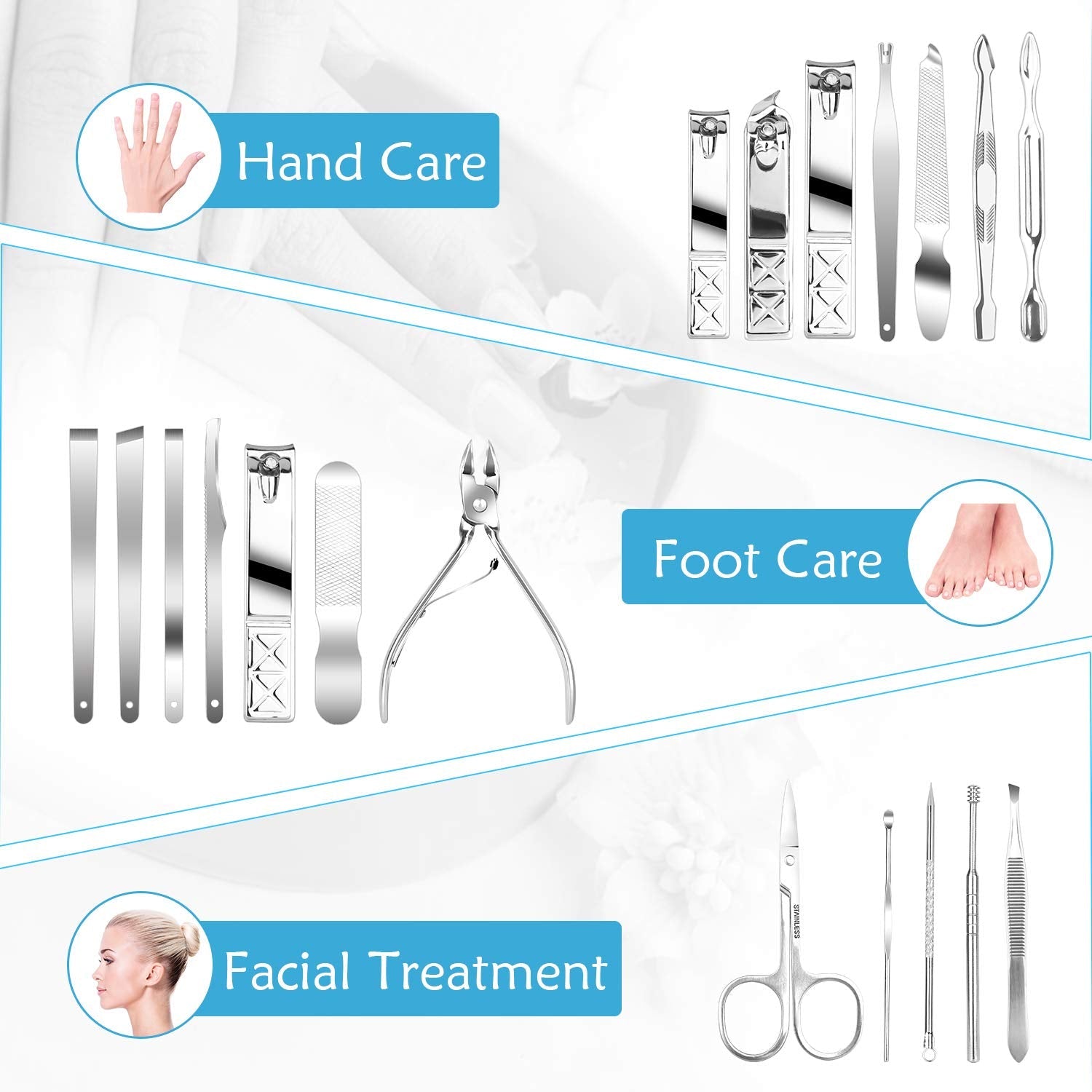 Teamkio 18-in-1 Manicure Pedicure Set | Portable Stainless Steel Grooming Kit with Leather Case