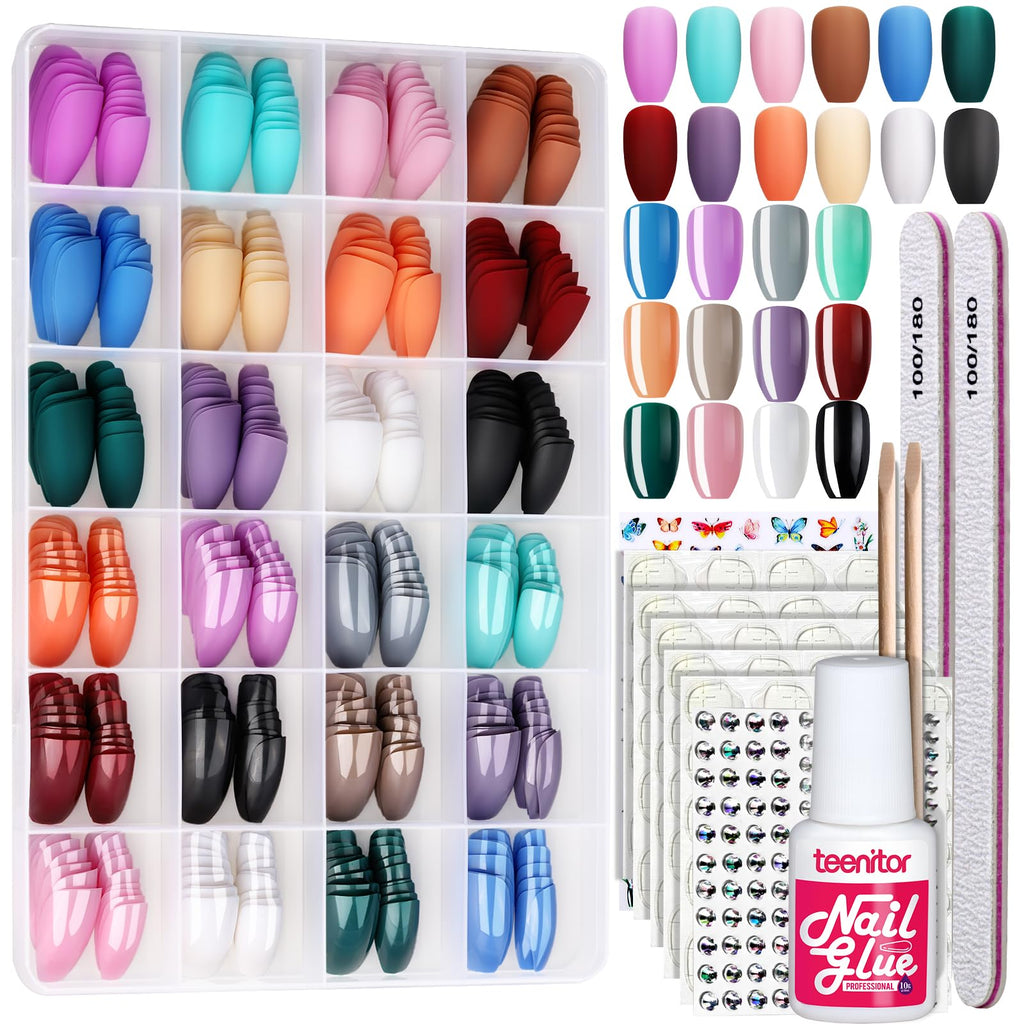 Teenitor 24 Pack Coffin Press-On Nails Kit – Medium Length, 12 Matte & 12 Glossy Colors