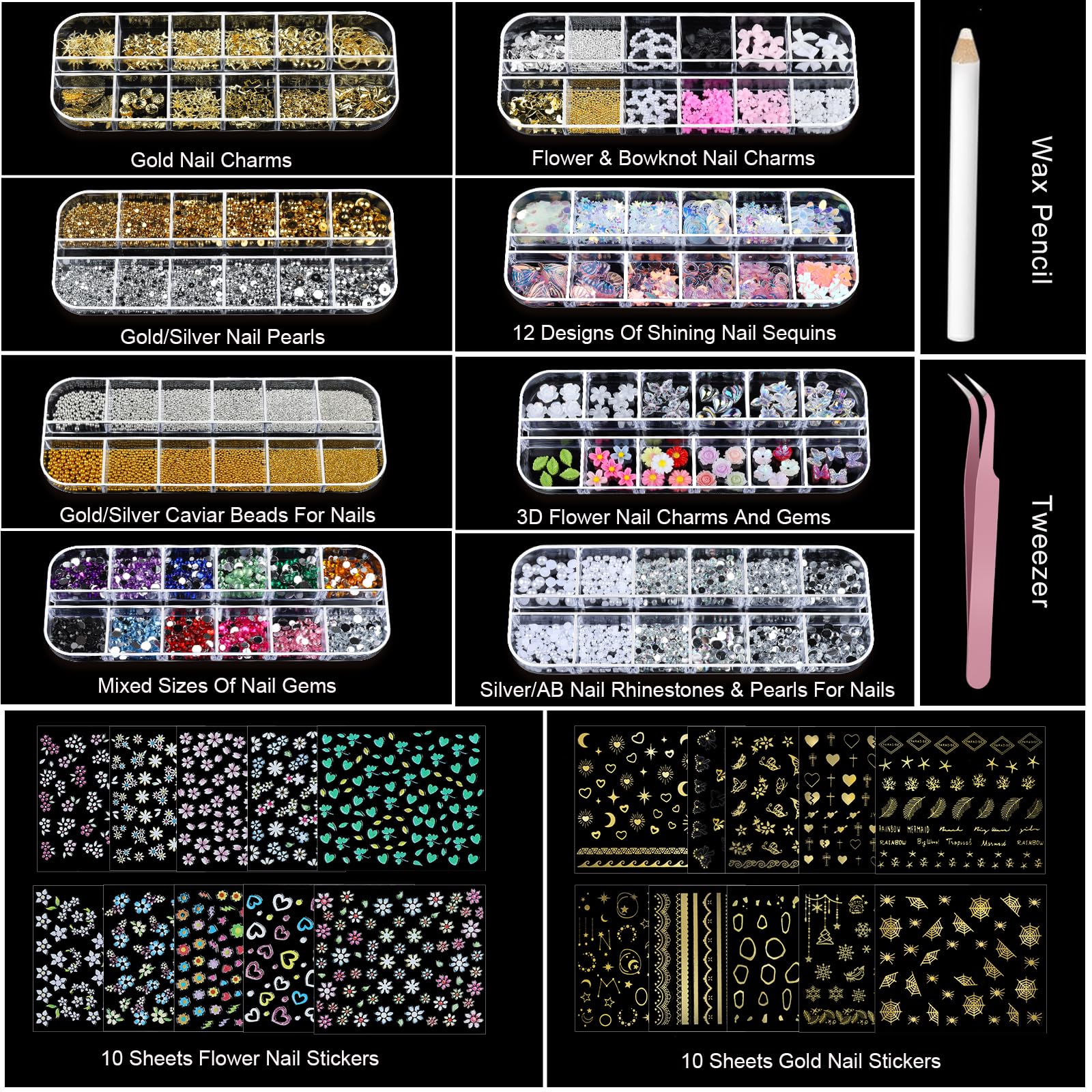 Teenitor Nail Charms & Gems Kit – 8 Boxes, 20 Nail Stickers, 3D Gems for Nails