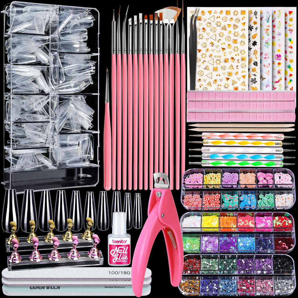 Teenitor Acrylic Fake Nails Kit — Press On Nails with Clear Coffin Tips, Stands & Art Supplies