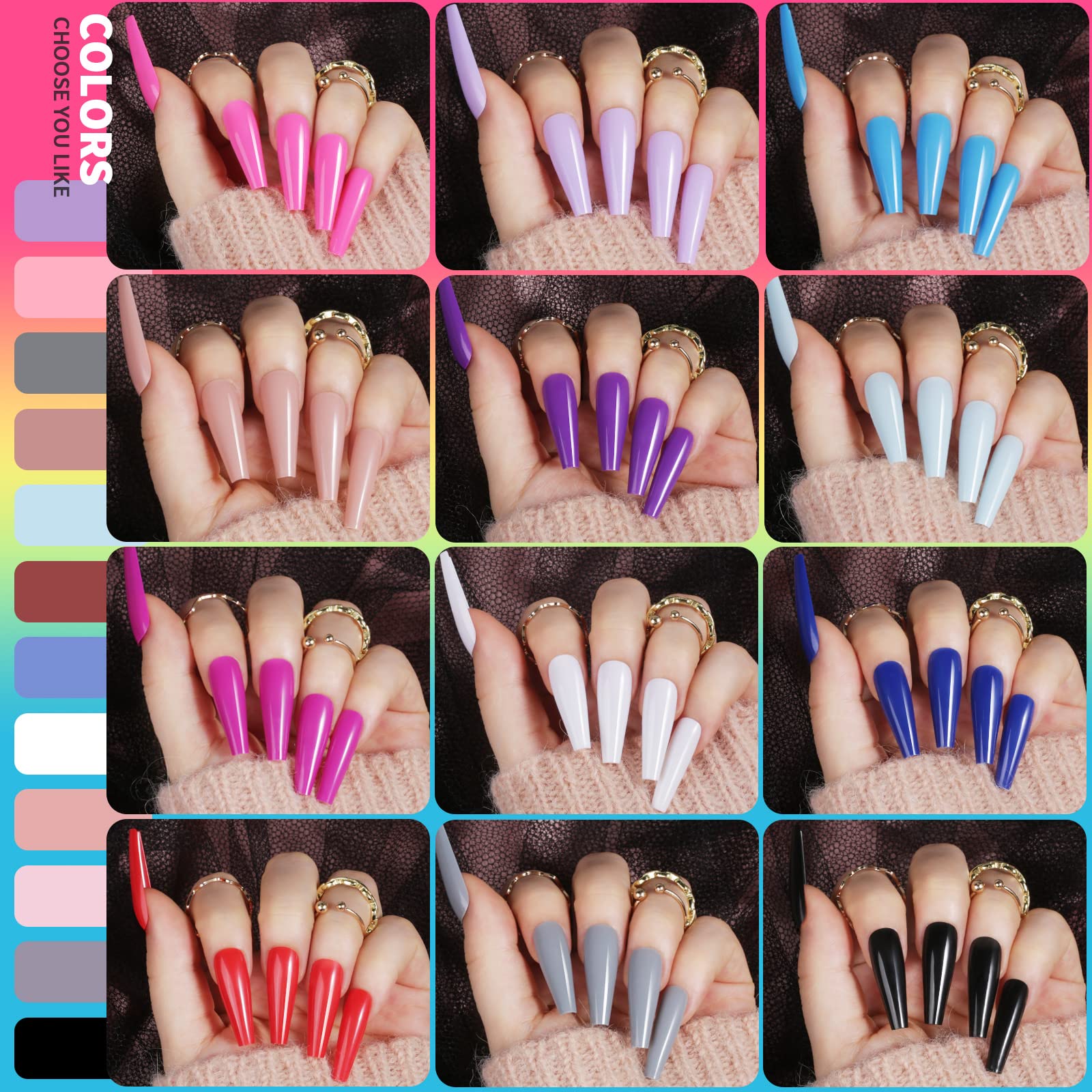 Teenitor Long Press On Nails Kit — 24 Colors, 576pcs, Matte & Glossy Coffin Nails