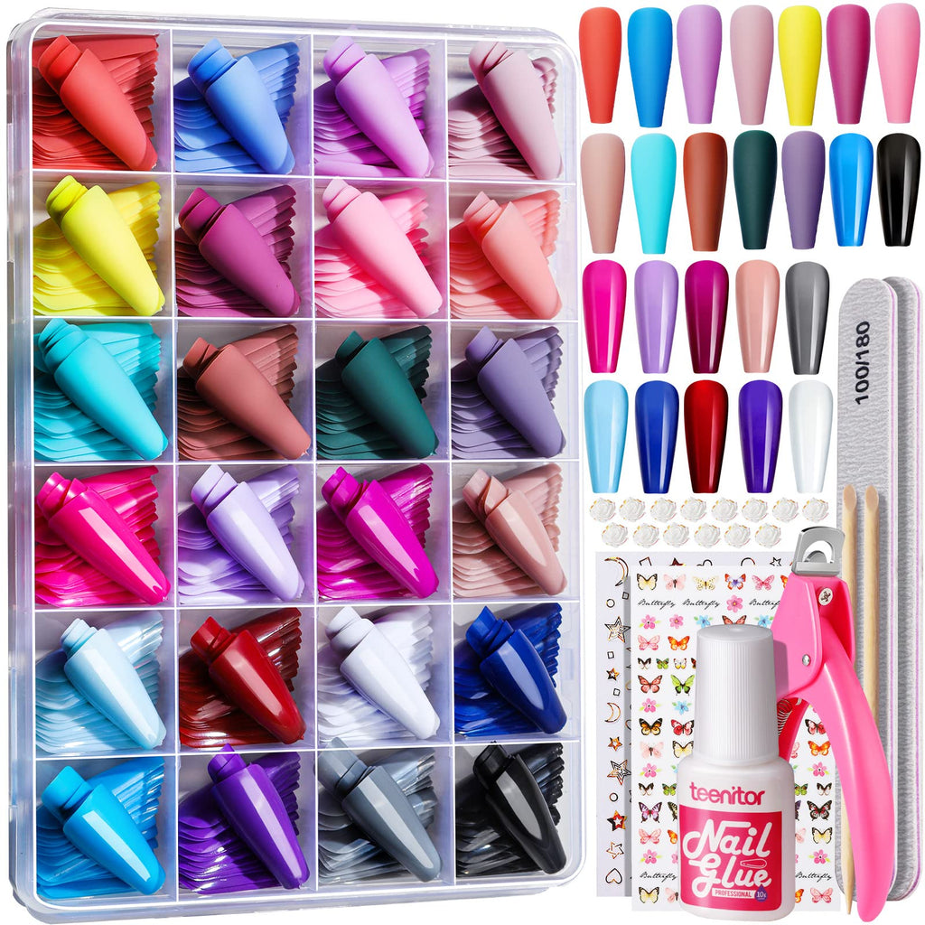 Teenitor Long Press On Nails Kit — 24 Colors, 576pcs, Matte & Glossy Coffin Nails