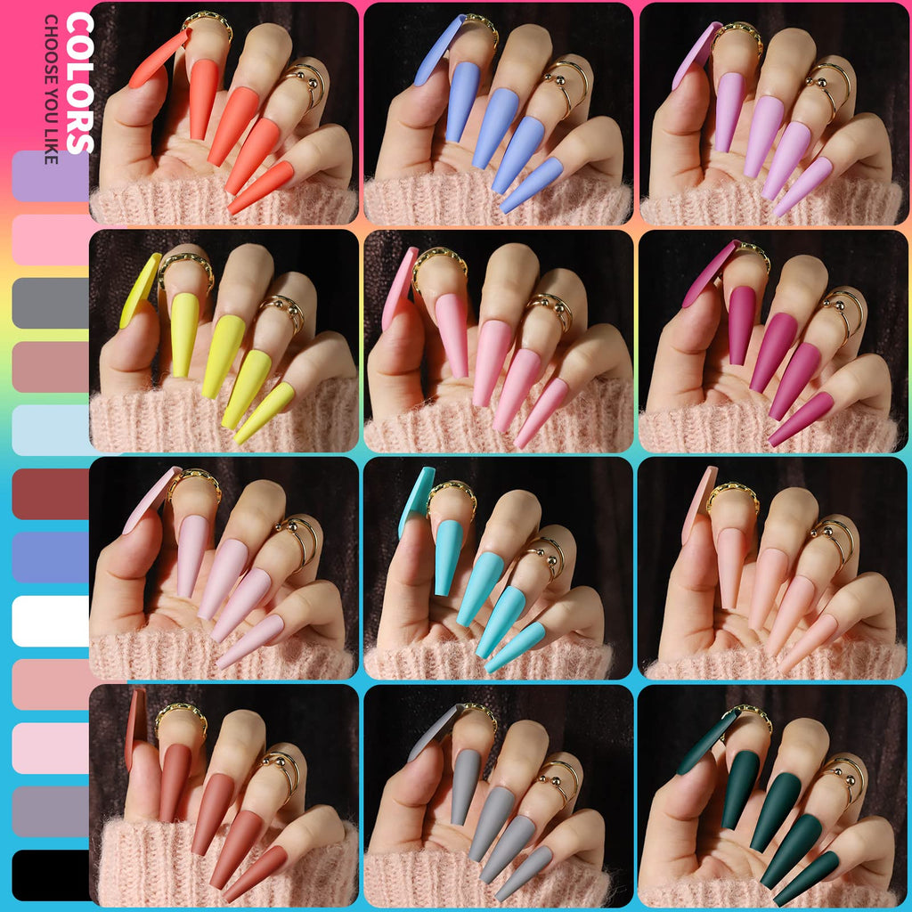 Teenitor Long Press On Nails Kit — 24 Colors, 576pcs, Matte & Glossy Coffin Nails