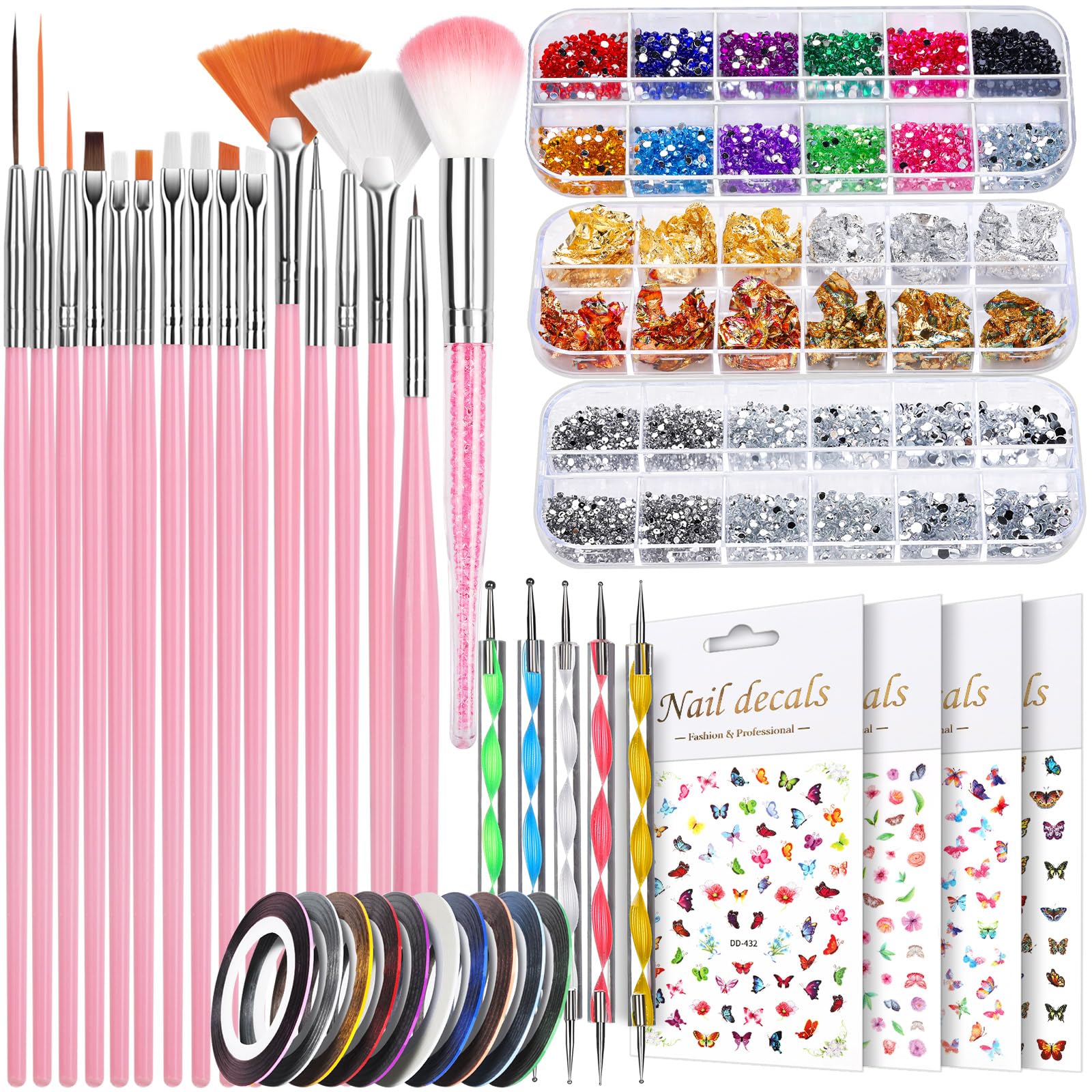 Teenitor Nail Art Brushes Set | 15 Brushes, 5 Dotting Pens, 3D Butterfly Stickers, Rhinestones & Foil Kit