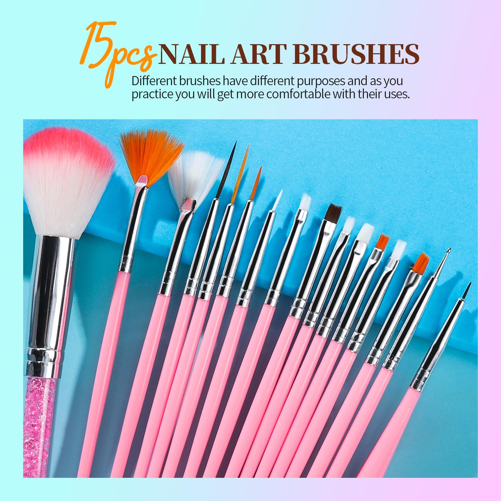 Teenitor Nail Art Brushes Set | 15 Brushes, 5 Dotting Pens, 3D Butterfly Stickers, Rhinestones & Foil Kit