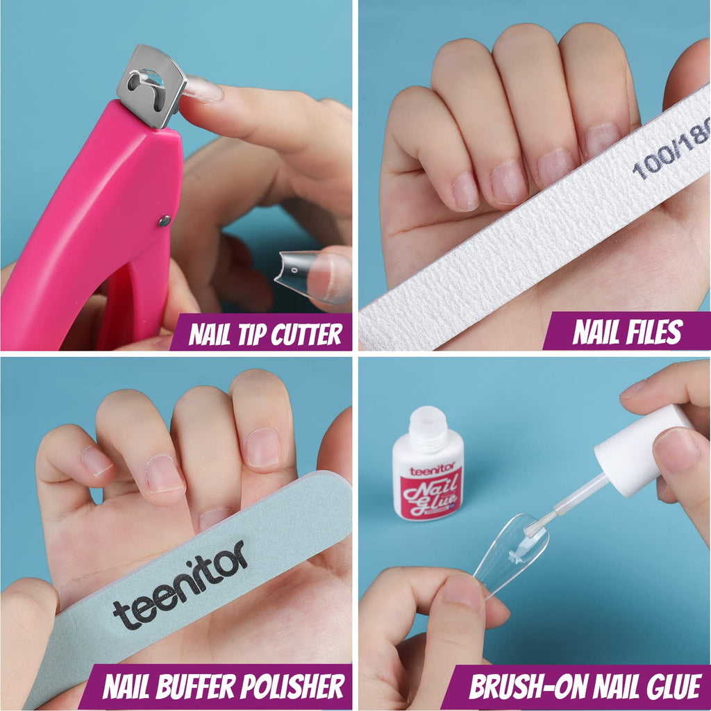 Teenitor Acrylic Fake Nails Kit — Press On Nails with Clear Coffin Tips, Stands & Art Supplies