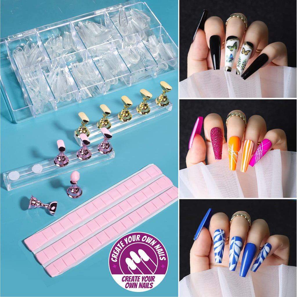Teenitor Acrylic Fake Nails Kit — Press On Nails with Clear Coffin Tips, Stands & Art Supplies
