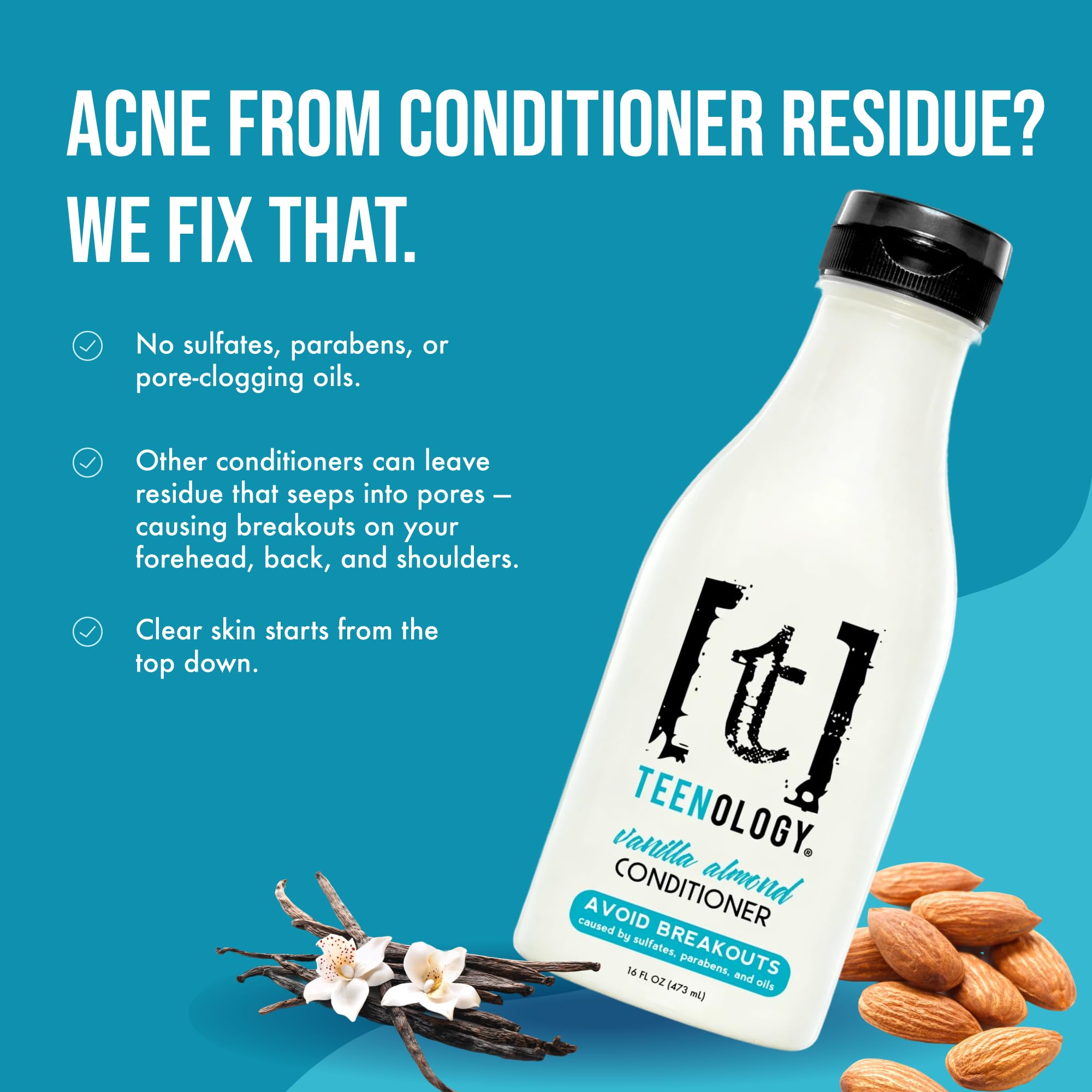 Teenology Teen Conditioner – Non-Comedogenic, Acne-Safe, Vanilla Almond, 16 oz