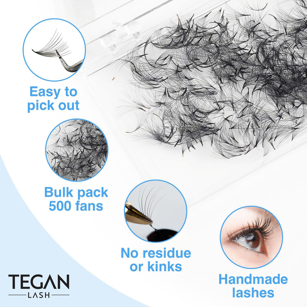 TEGAN LASH 500 Promade Fans Volume Eyelash Extensions – Handmade, 3D-16D, 0.03-0.07 Thickness, C/CC/D Curl, 9-15mm