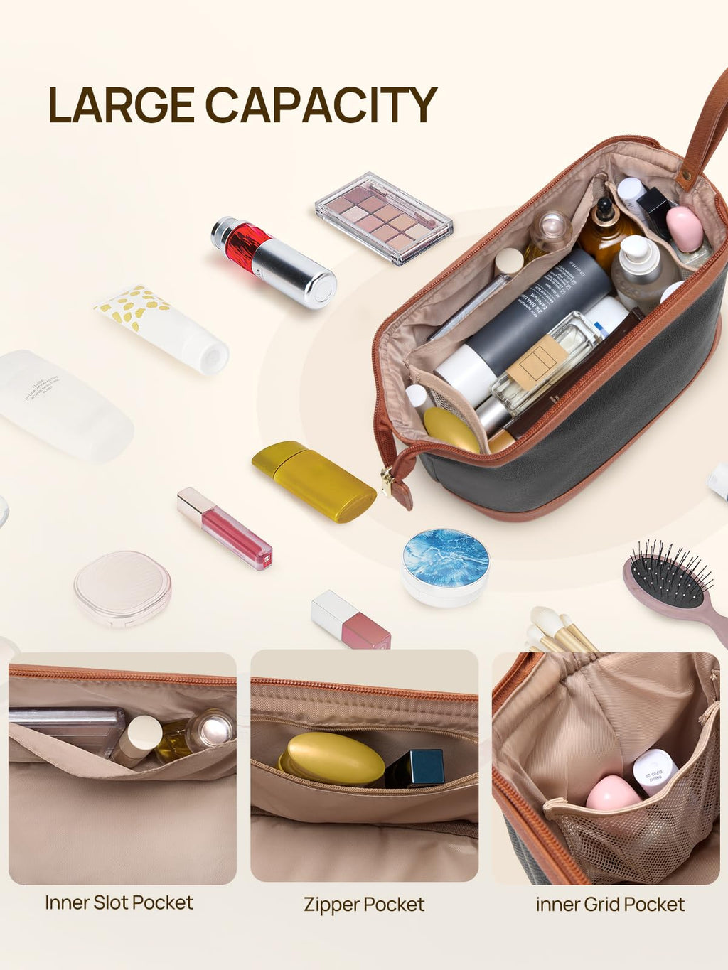 Telena Makeup Bag Large Capacity Travel Cosmetic Bag – Water-Resistant PU Leather, Portable Organizer