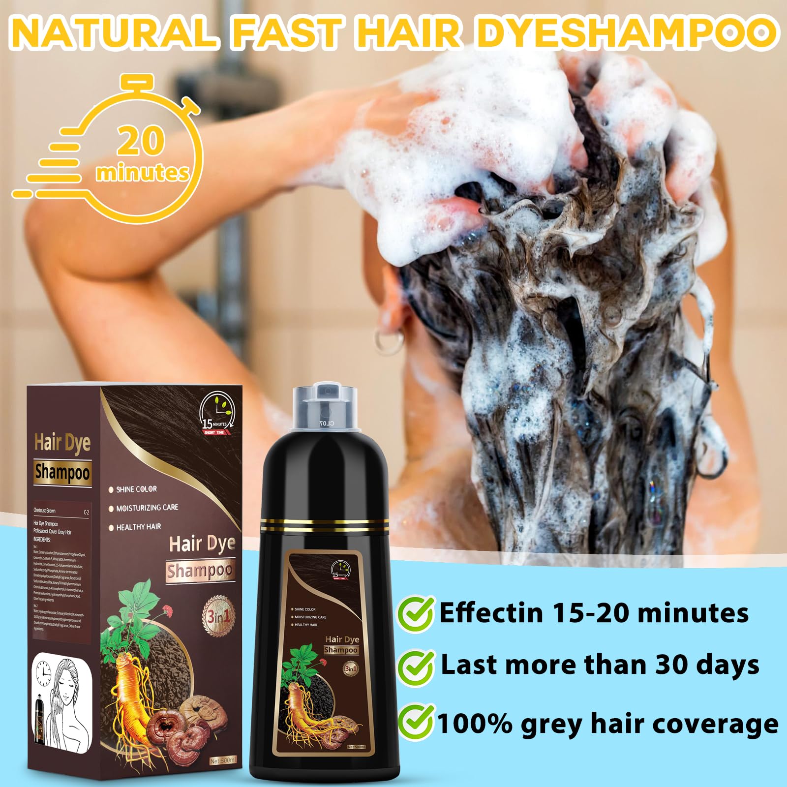 Temgofeau Hair Dye Shampoo for Gray Hair – 3-in-1 Herbal Chestnut 500ml