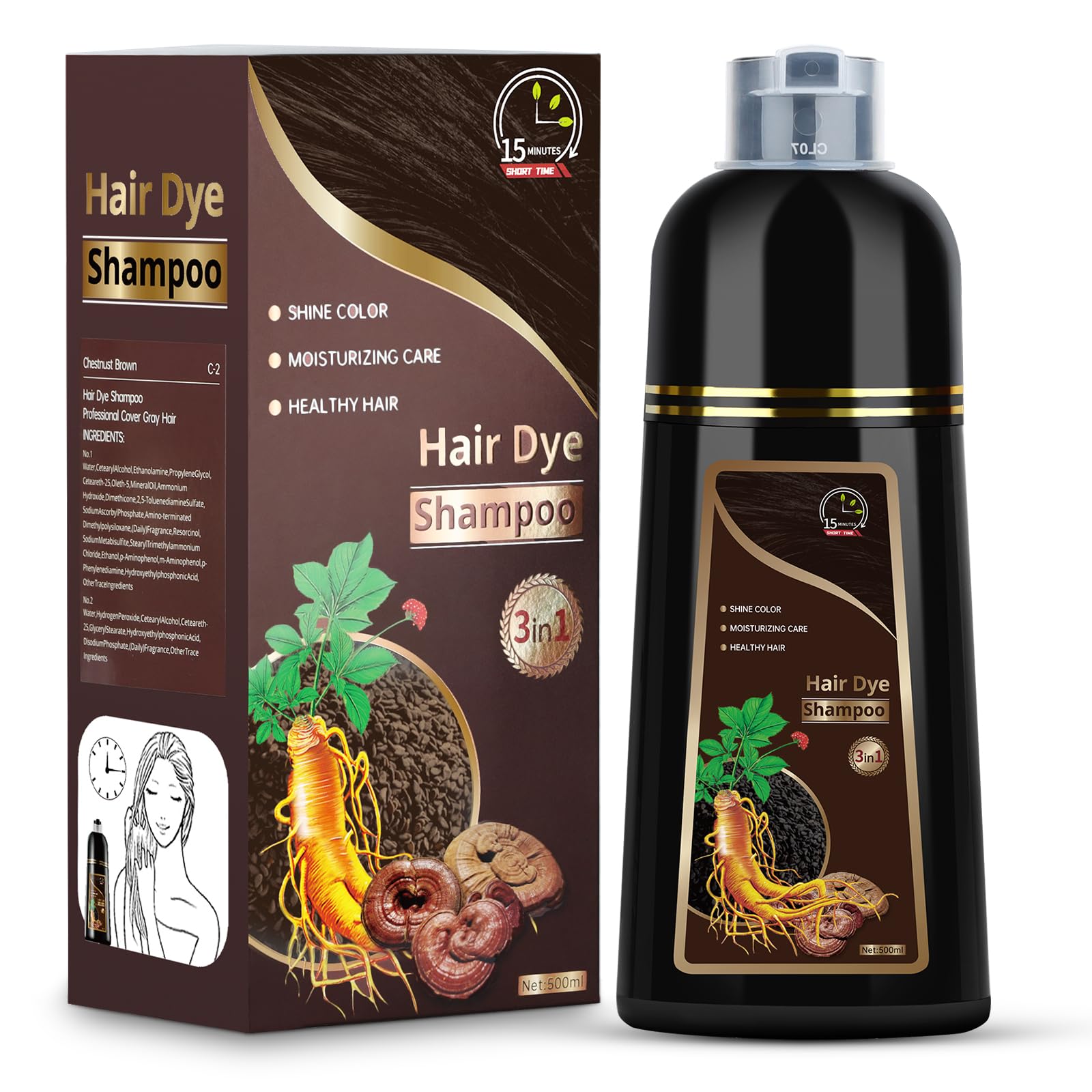 Temgofeau Hair Dye Shampoo for Gray Hair – 3-in-1 Herbal Chestnut 500ml