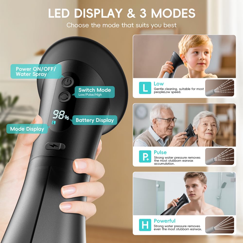 Temodu Ear Wax Removal with LED Display - Rechargeable Ear Cleaner, 3 Modes, 12 Tips