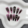 TENPAL 10Pcs Handmade Press On Nails – Long Stiletto Gothic Pink & Black Swirl with 3D Charms