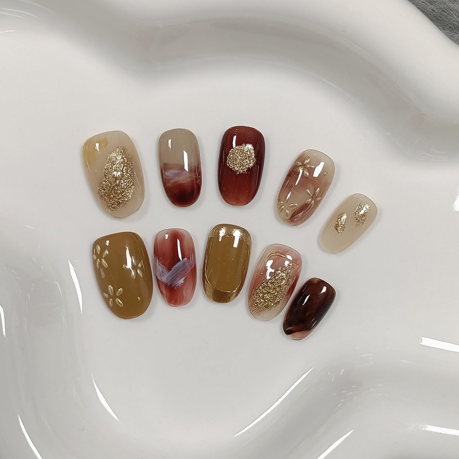 TENPAL Handmade Soft Gel Press On Nails with Tools – Amber Cat Eye Short Oval, Glossy Glitter Embossed Floral, Autumn Ombre Leaves, 10pcs