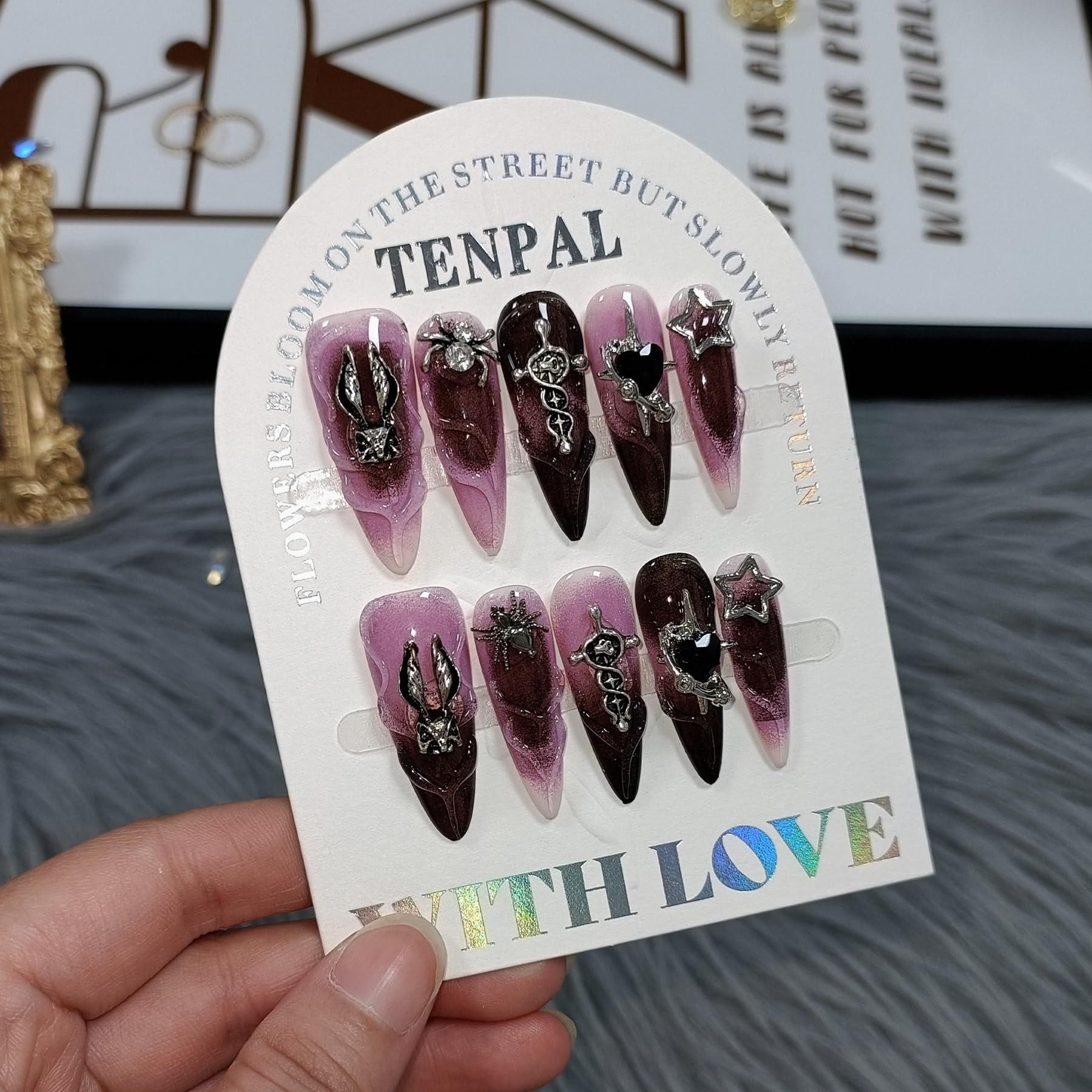 TENPAL 10Pcs Handmade Press On Nails – Long Stiletto Gothic Pink & Black Swirl with 3D Charms