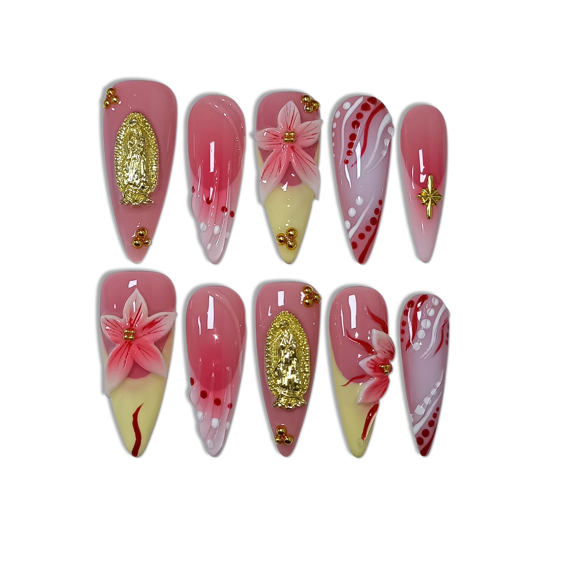TENPAL Handmade Press On Nails Long Stiletto - Vivid Red 3D Floral Blush Ombre | Glossy French Tips