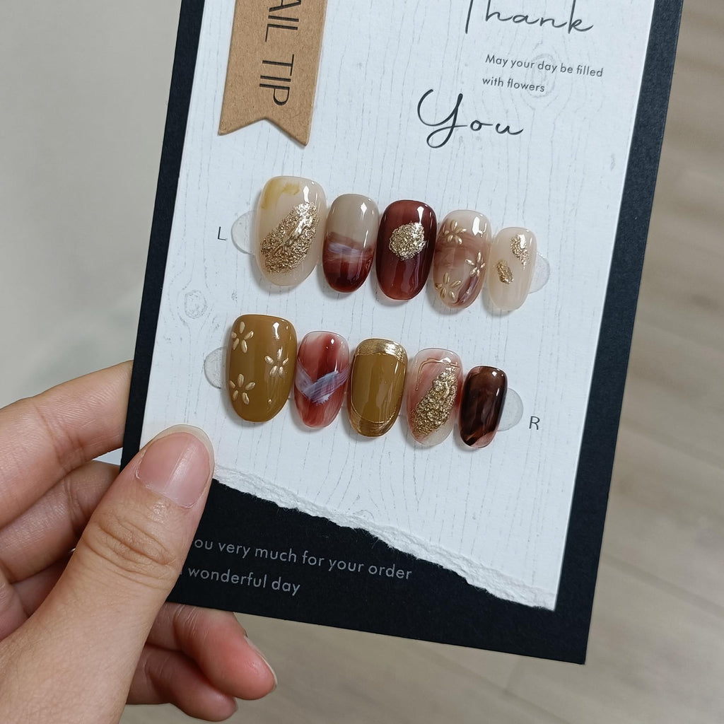 TENPAL Handmade Soft Gel Press On Nails with Tools – Amber Cat Eye Short Oval, Glossy Glitter Embossed Floral, Autumn Ombre Leaves, 10pcs