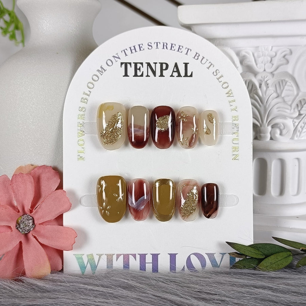 TENPAL Handmade Soft Gel Press On Nails with Tools – Amber Cat Eye Short Oval, Glossy Glitter Embossed Floral, Autumn Ombre Leaves, 10pcs